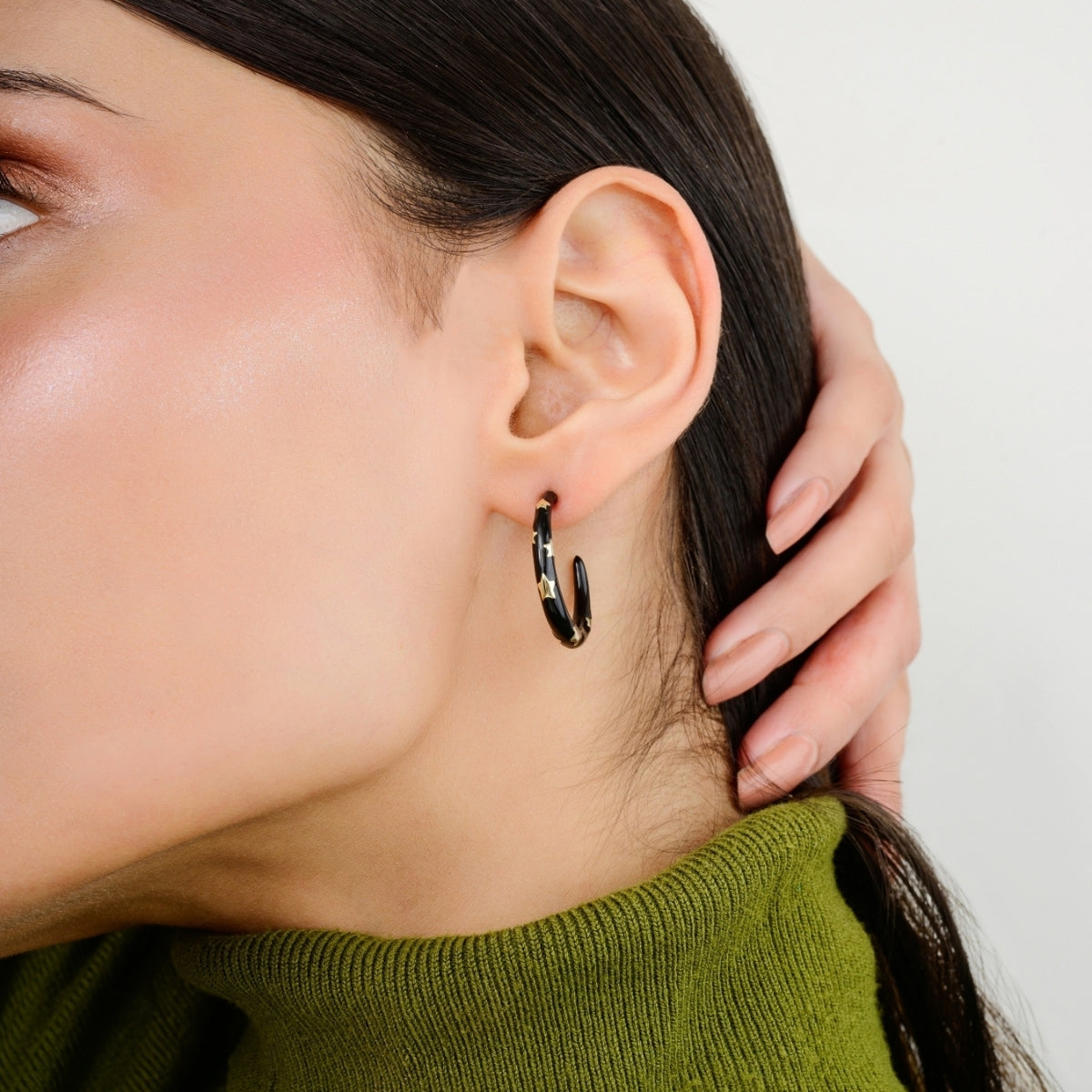 Stylish Black Enamel C Hoop Silver Earrings