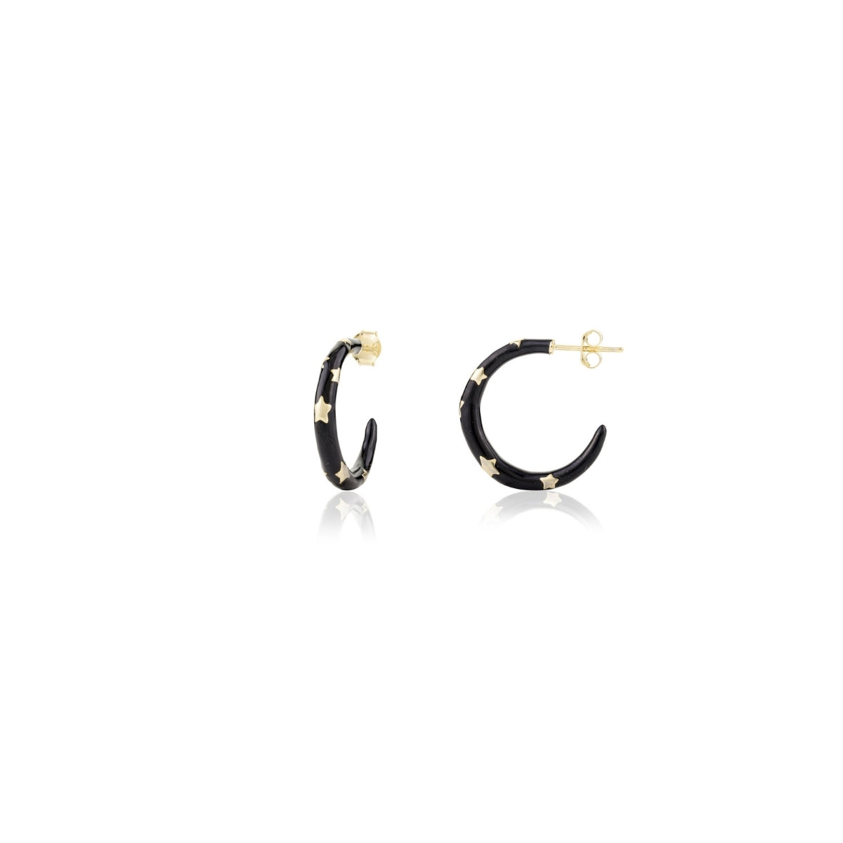 Stylish Black Enamel C Hoop Silver Earrings