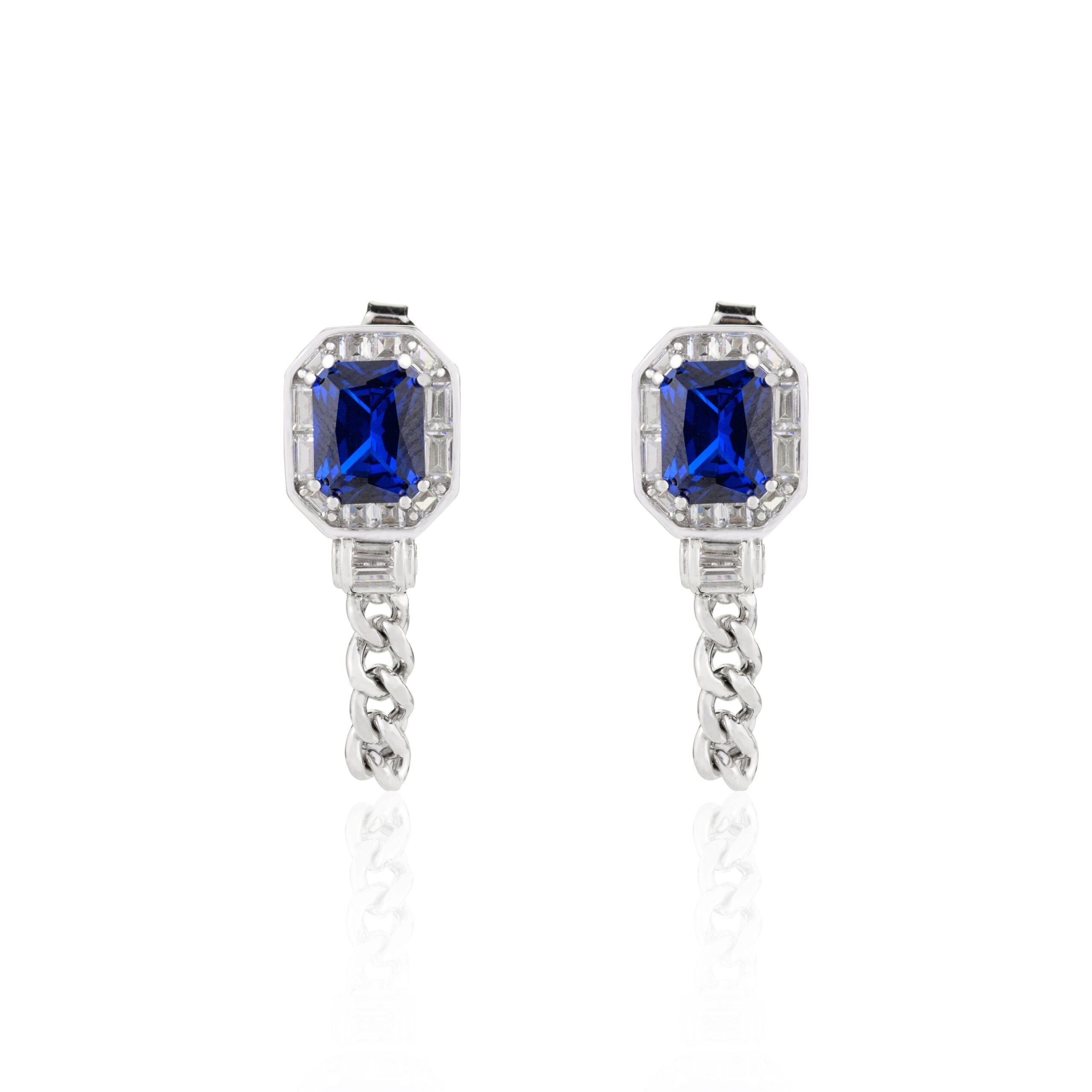 METALM Blue Sapphire Diamond Stud Earrings with Dangling Chain