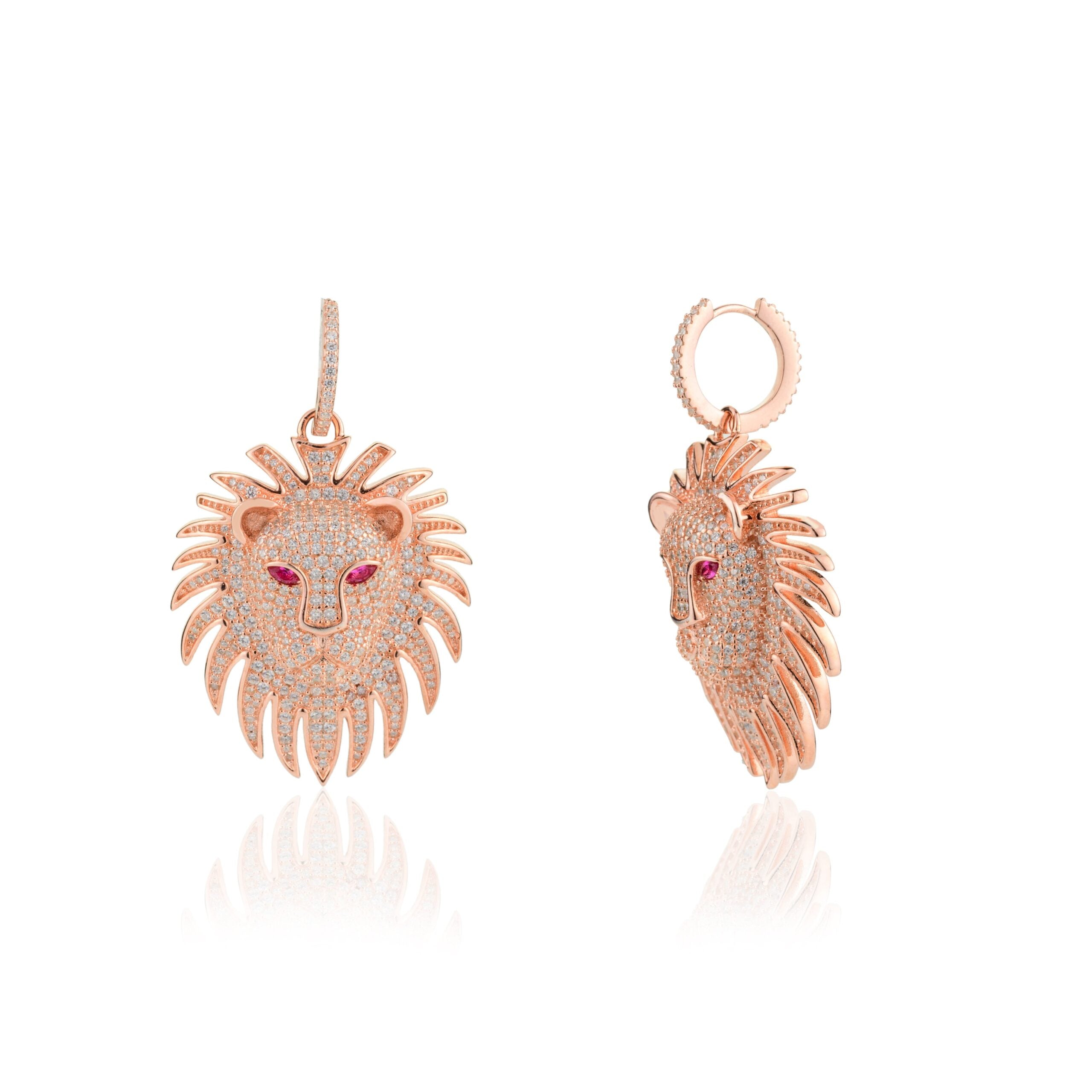 Leo Zodiac Lion Charm Hoop Earrings in Rose Gold Finish