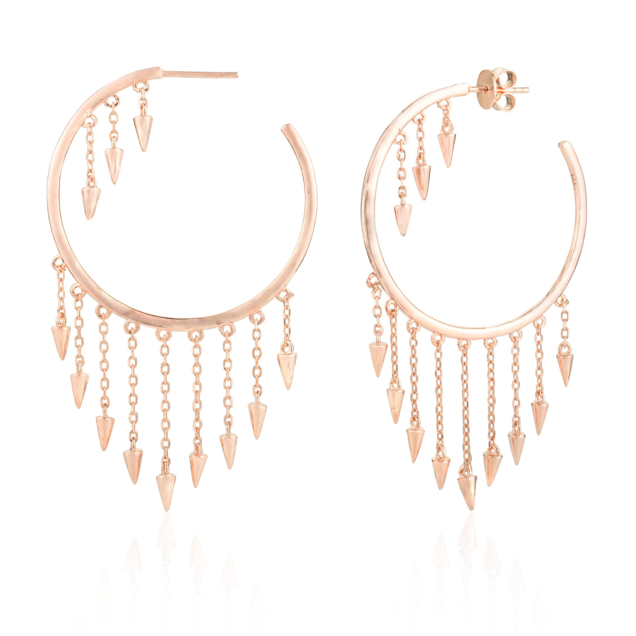 Rose Gold Open Hoops with Spikes Chain