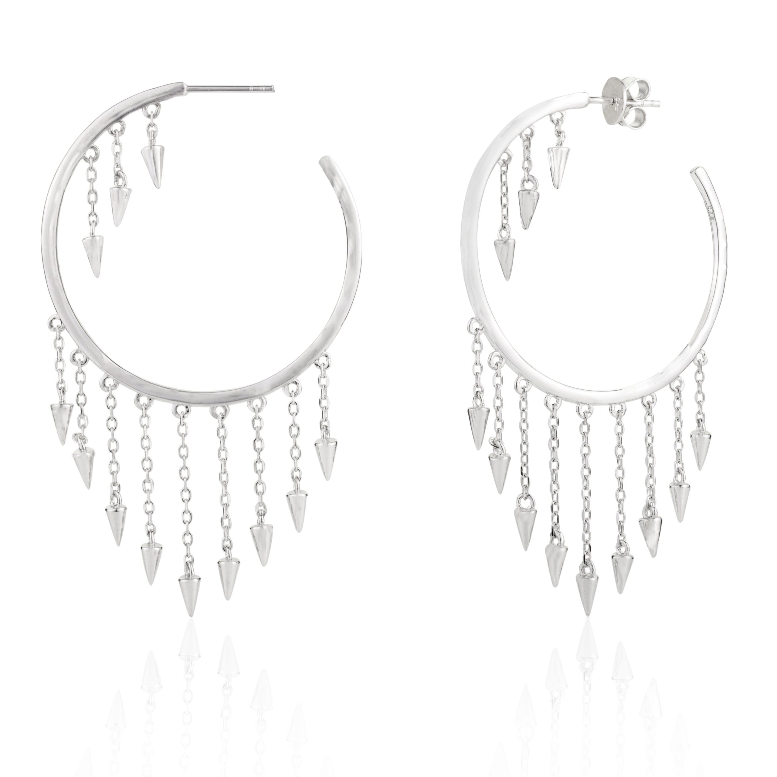 Spike Charm Open Hoops Thread Chain Fringe Earrings