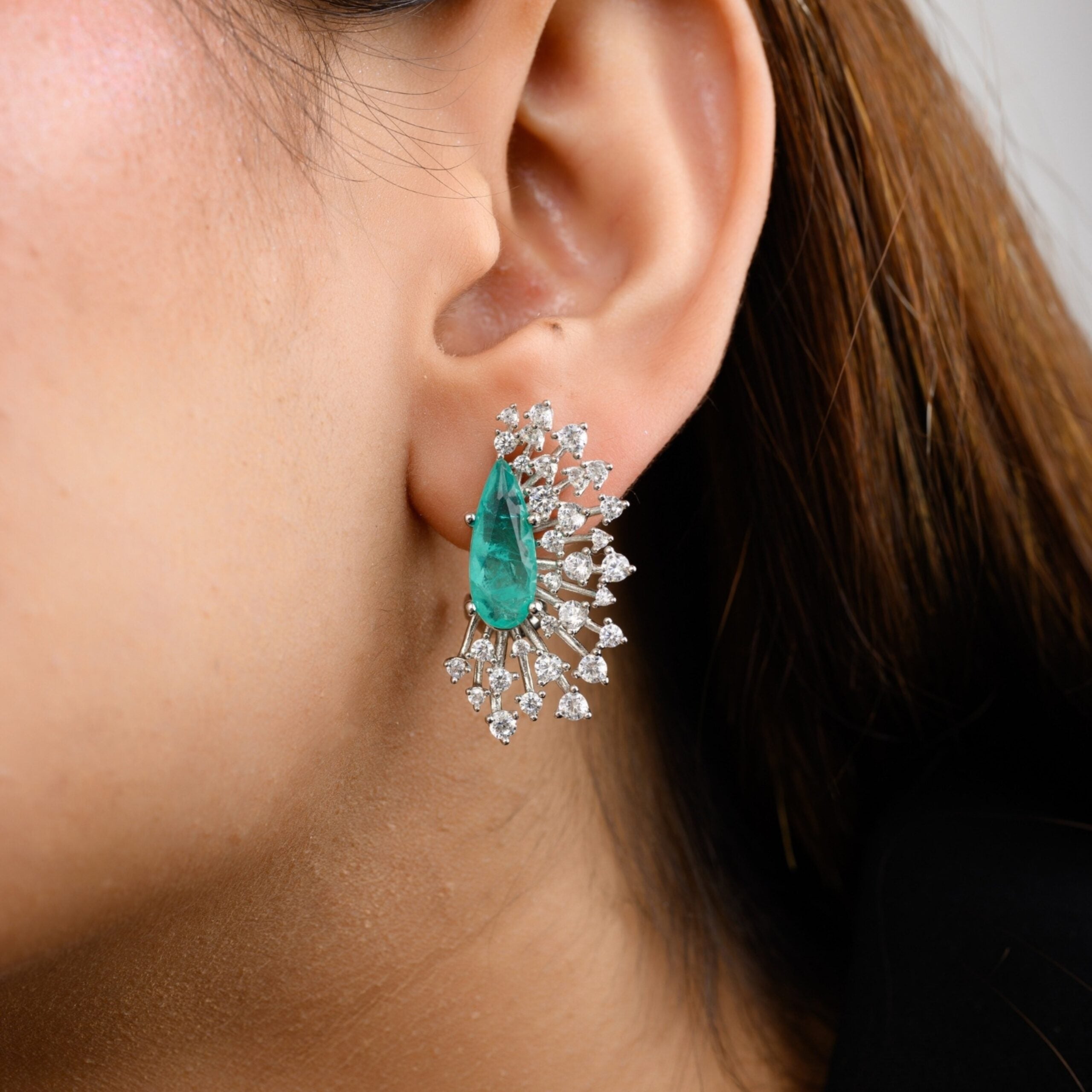 Elegant Ice Cut Spikes Emerald Diamond Floral Stud Earrings