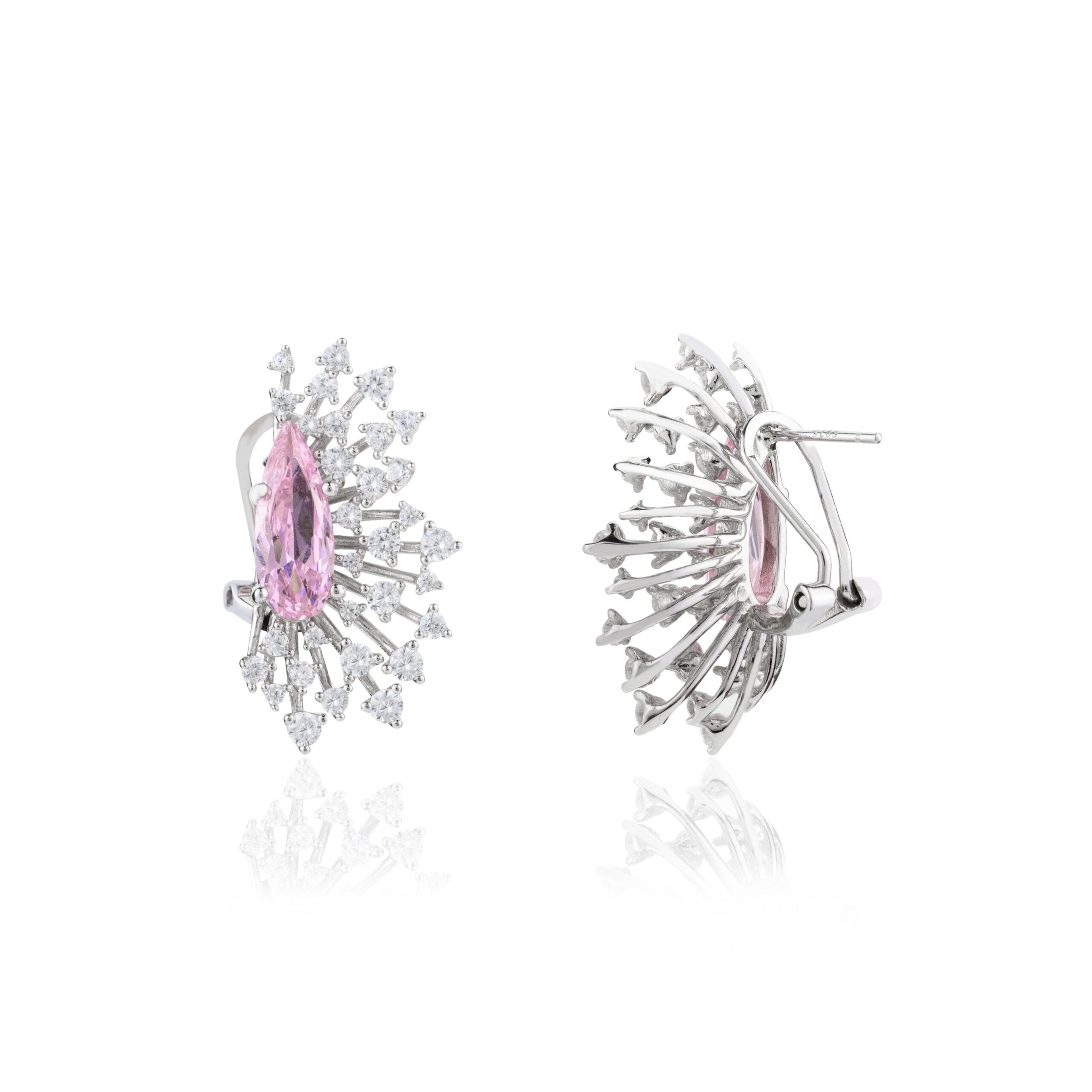 Elegant Ice Cut Spikes Pink Sapphire Diamond Floral Stud Earrings