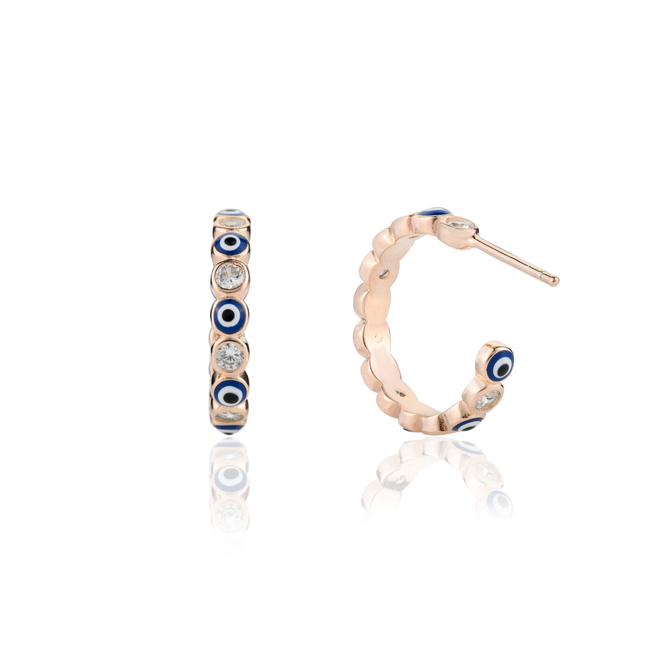 METALM Blue Evil Eye Open Hoop Studs in Rose gold Finish