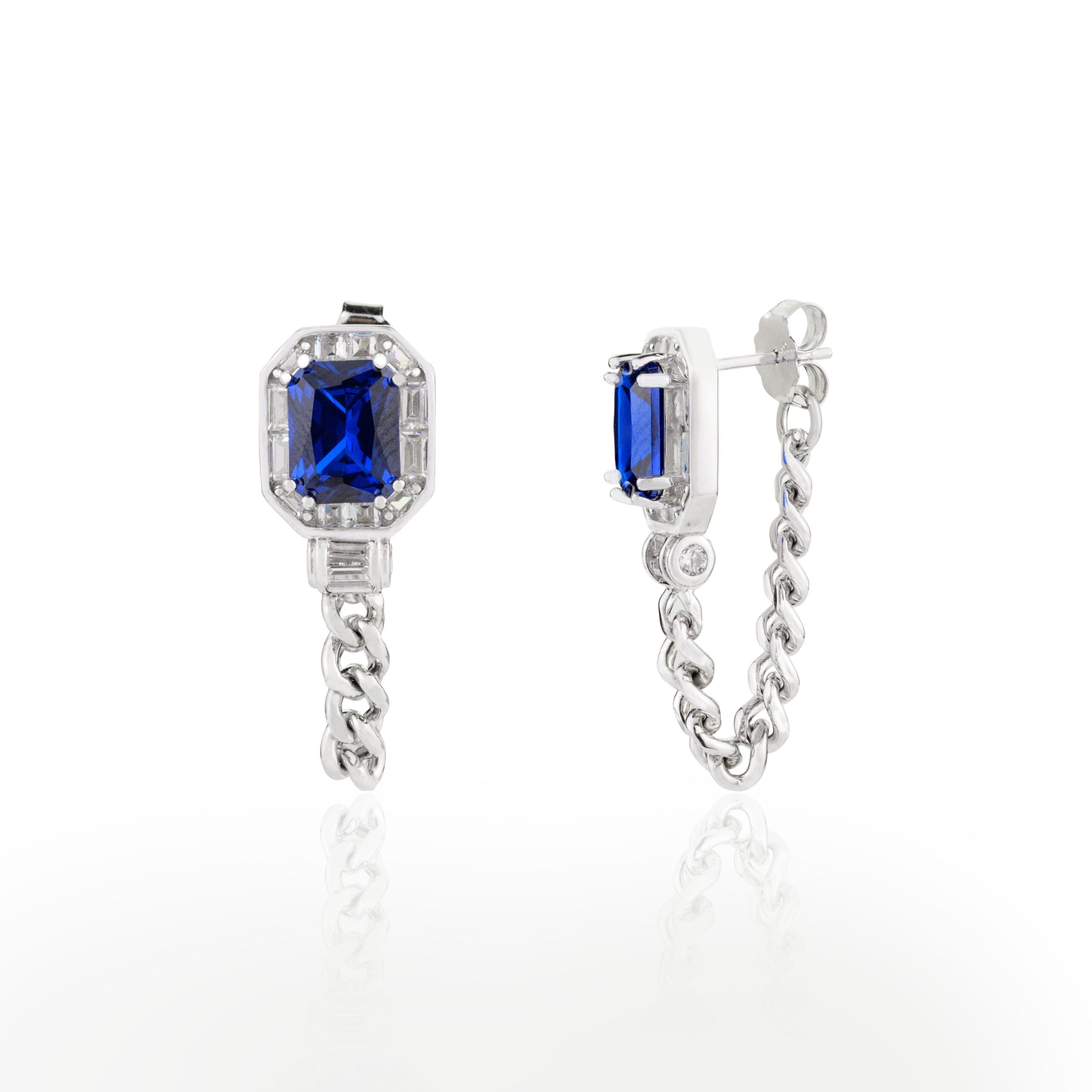 METALM Blue Sapphire Diamond Stud Earrings with Dangling Chain