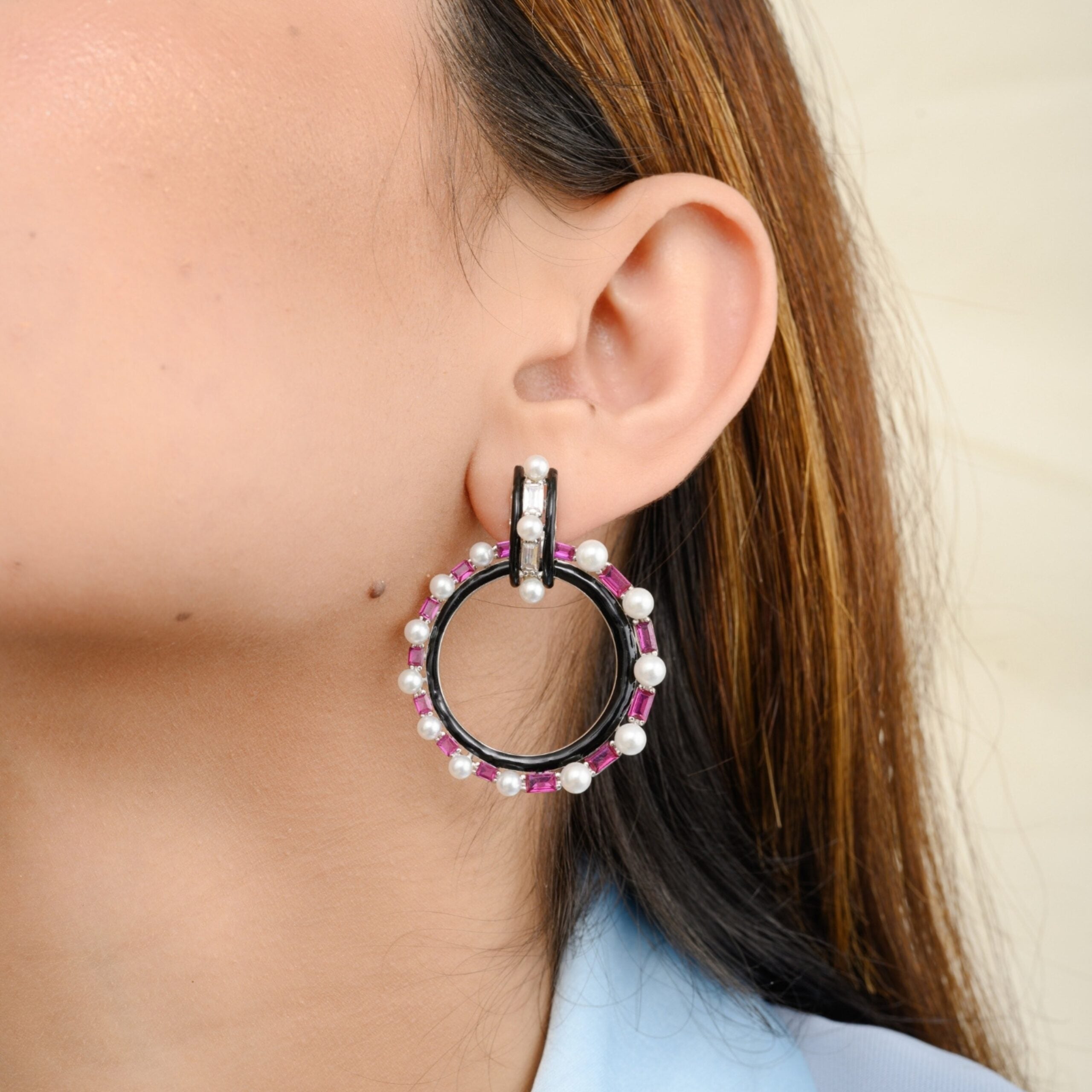 White & Pink Pearl Circle Hoop Studs with Black Enamel work