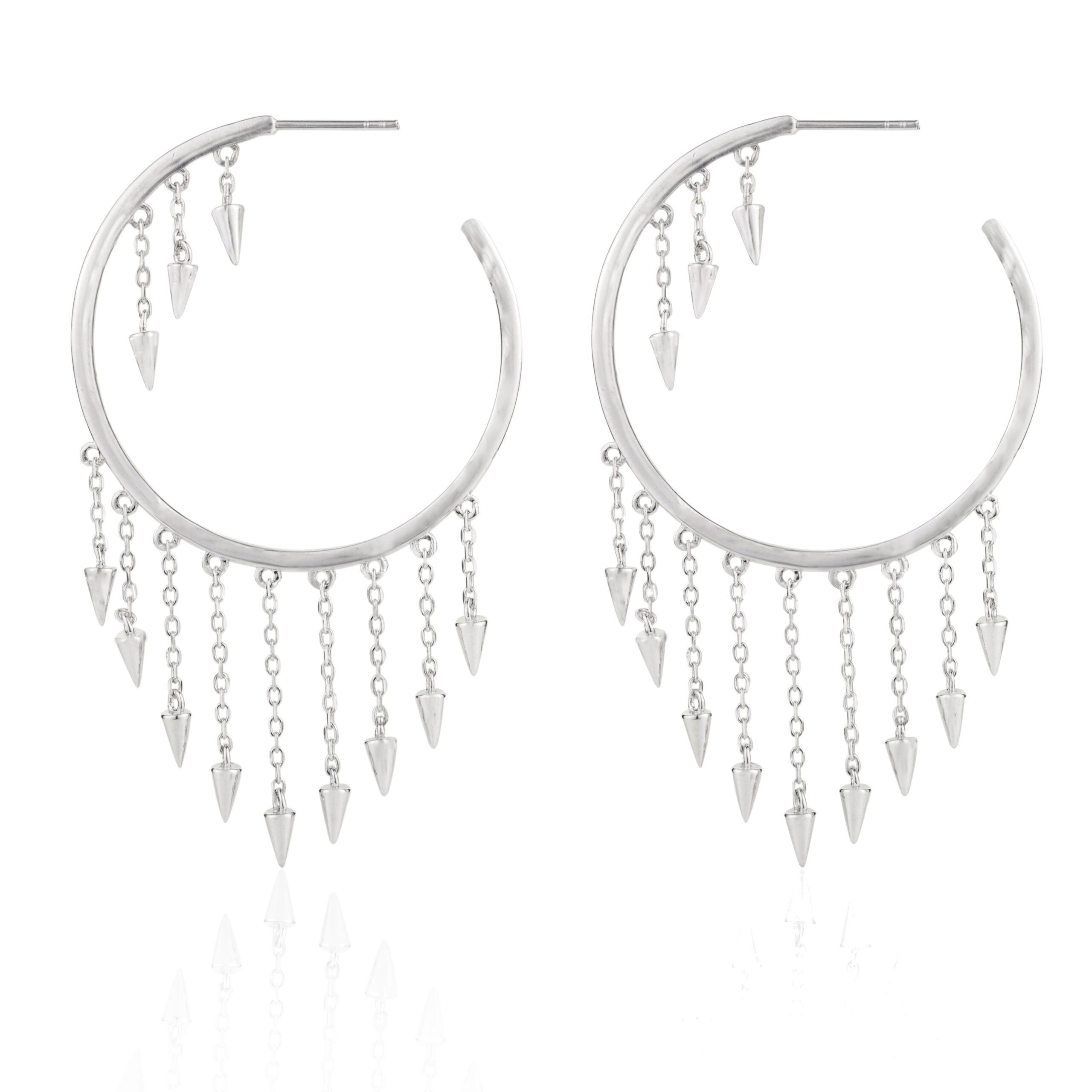 Spike Charm Open Hoops Thread Chain Fringe Earrings