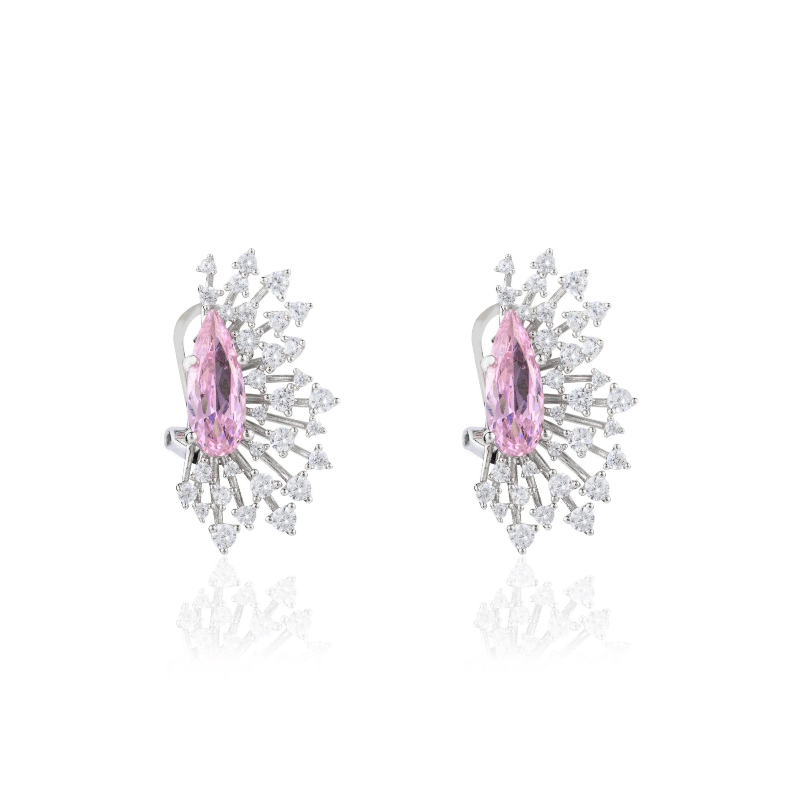 Elegant Ice Cut Spikes Pink Sapphire Diamond Floral Stud Earrings