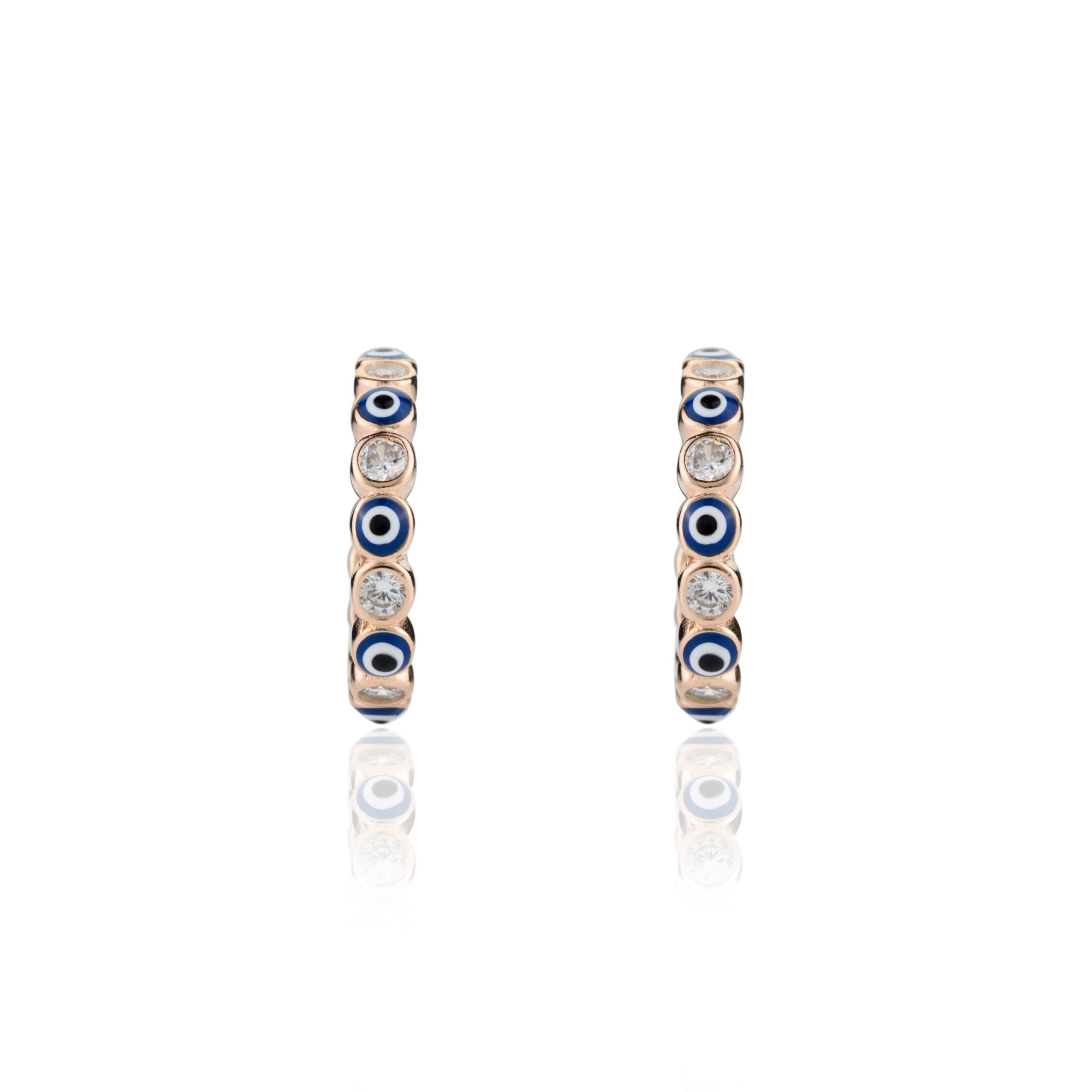 METALM Blue Evil Eye Open Hoop Studs in Rose gold Finish