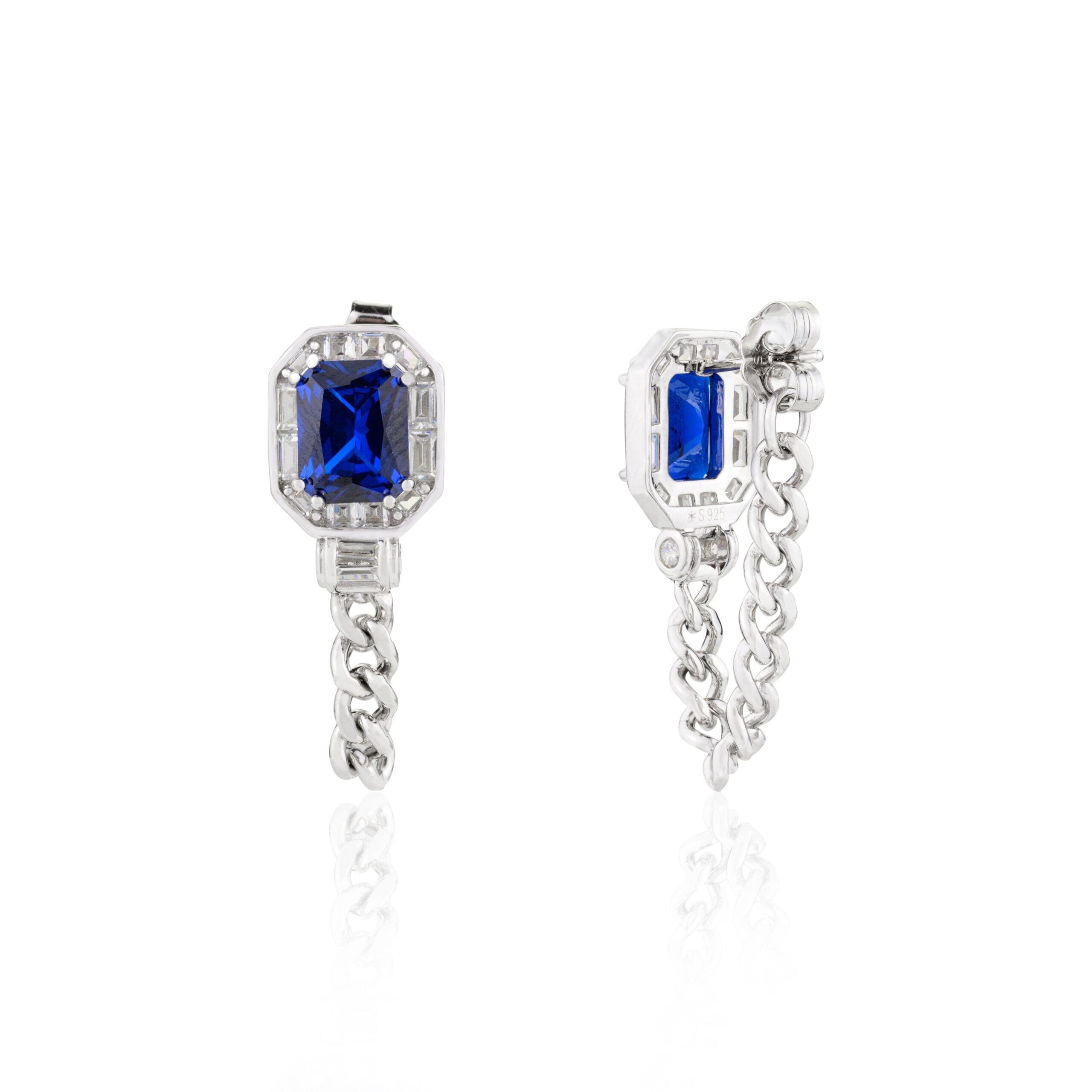 METALM Blue Sapphire Diamond Stud Earrings with Dangling Chain