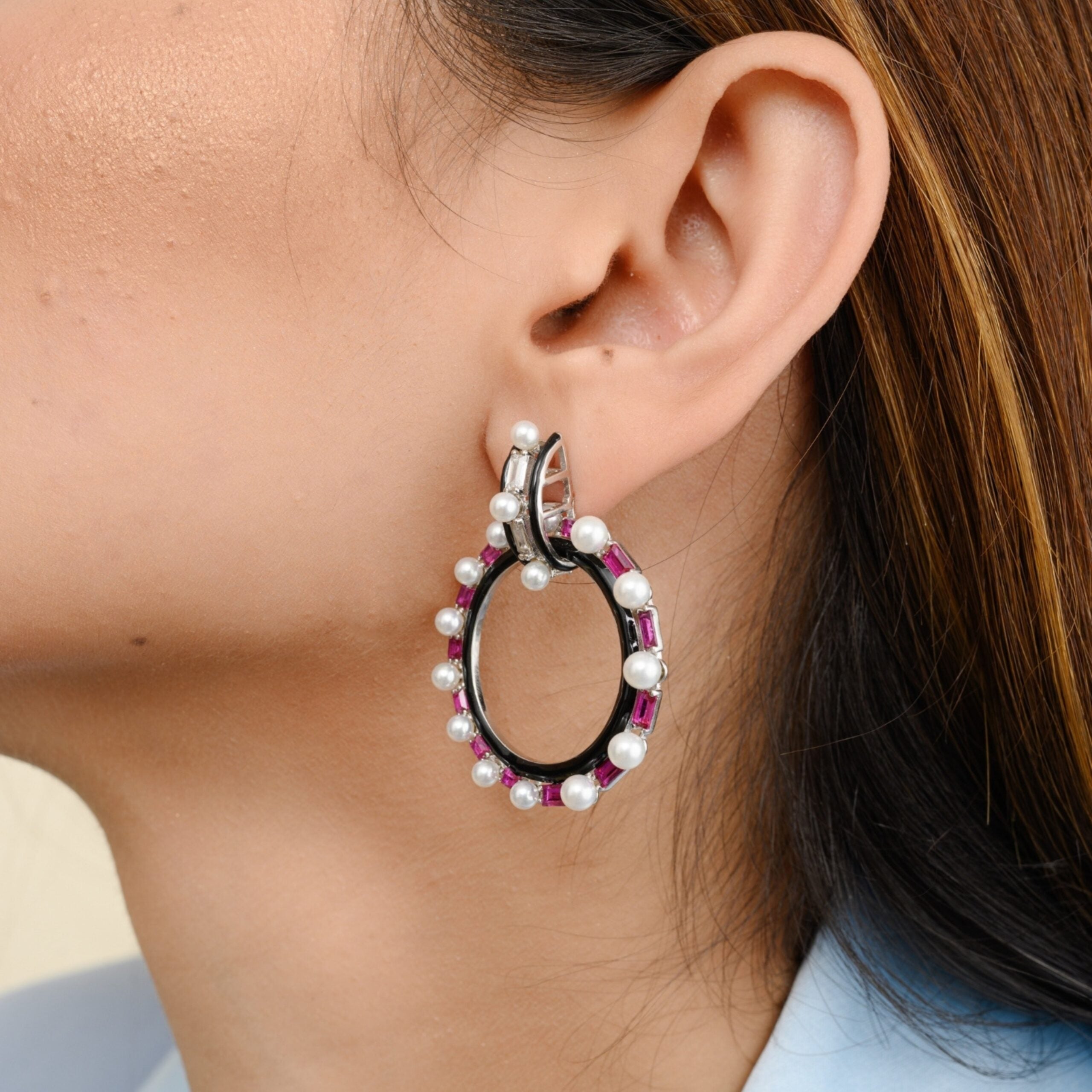 White & Pink Pearl Circle Hoop Studs with Black Enamel work