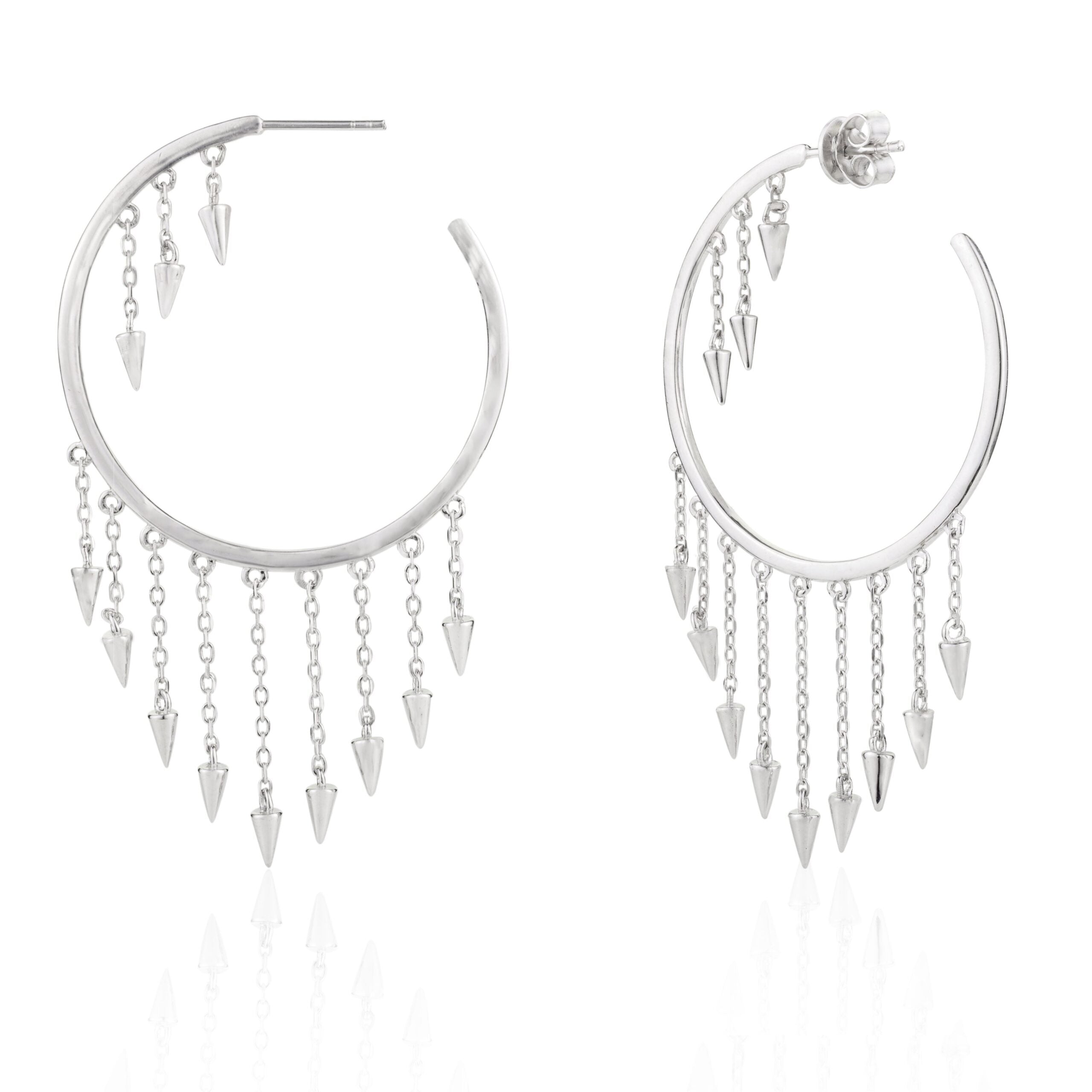 Spike Charm Open Hoops Thread Chain Fringe Earrings