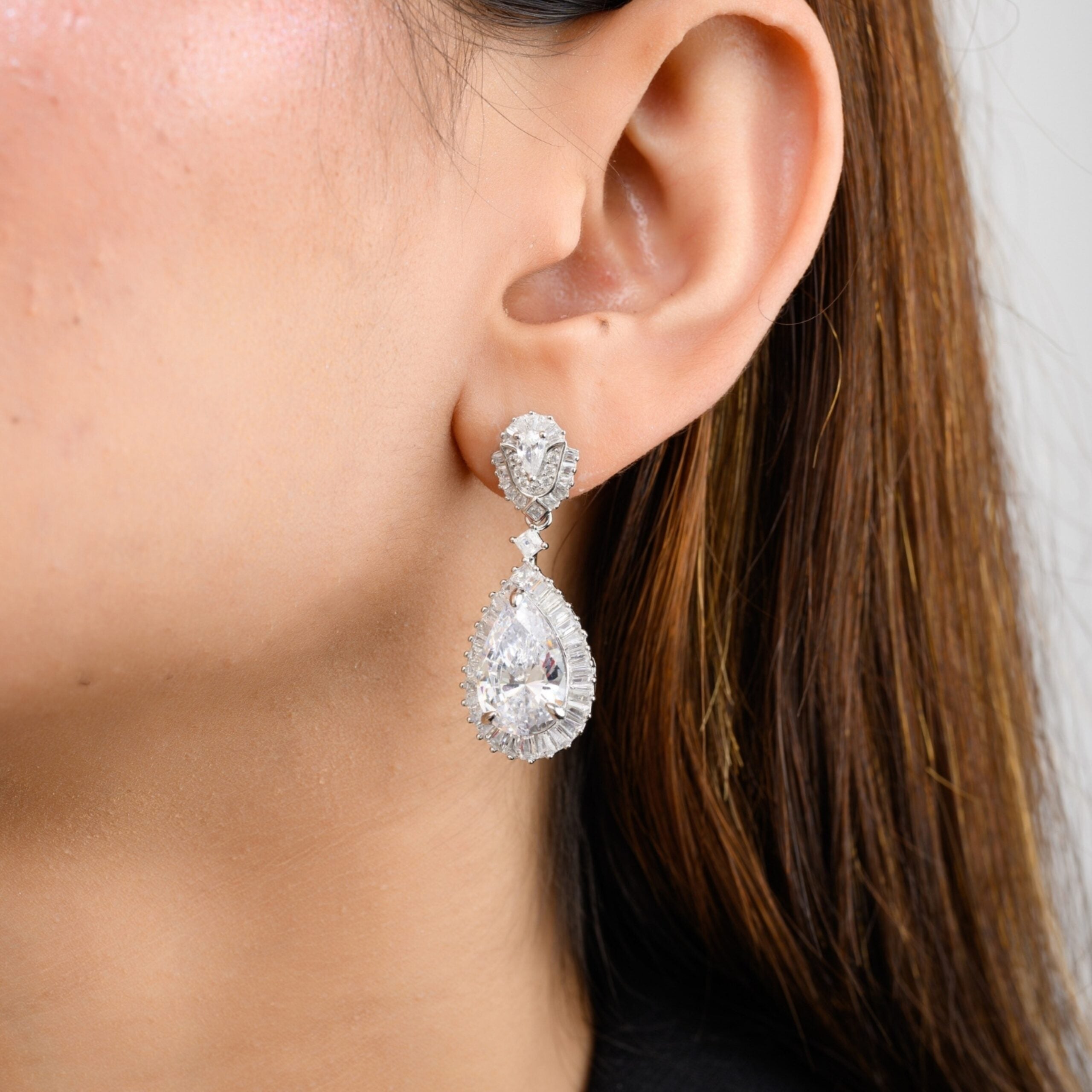 Silver finish Pear Cut Diamond Drop Earrings