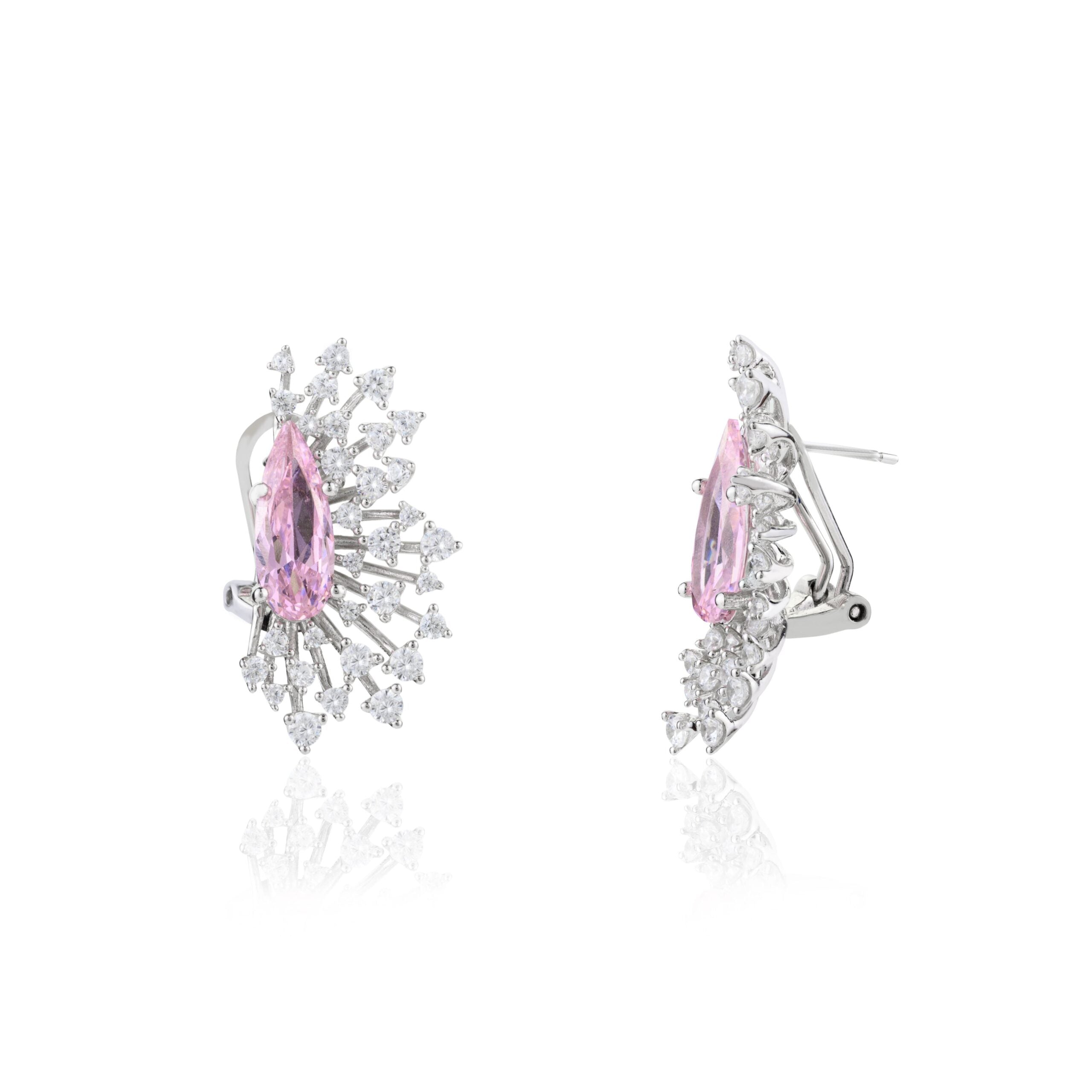 Elegant Ice Cut Spikes Pink Sapphire Diamond Floral Stud Earrings