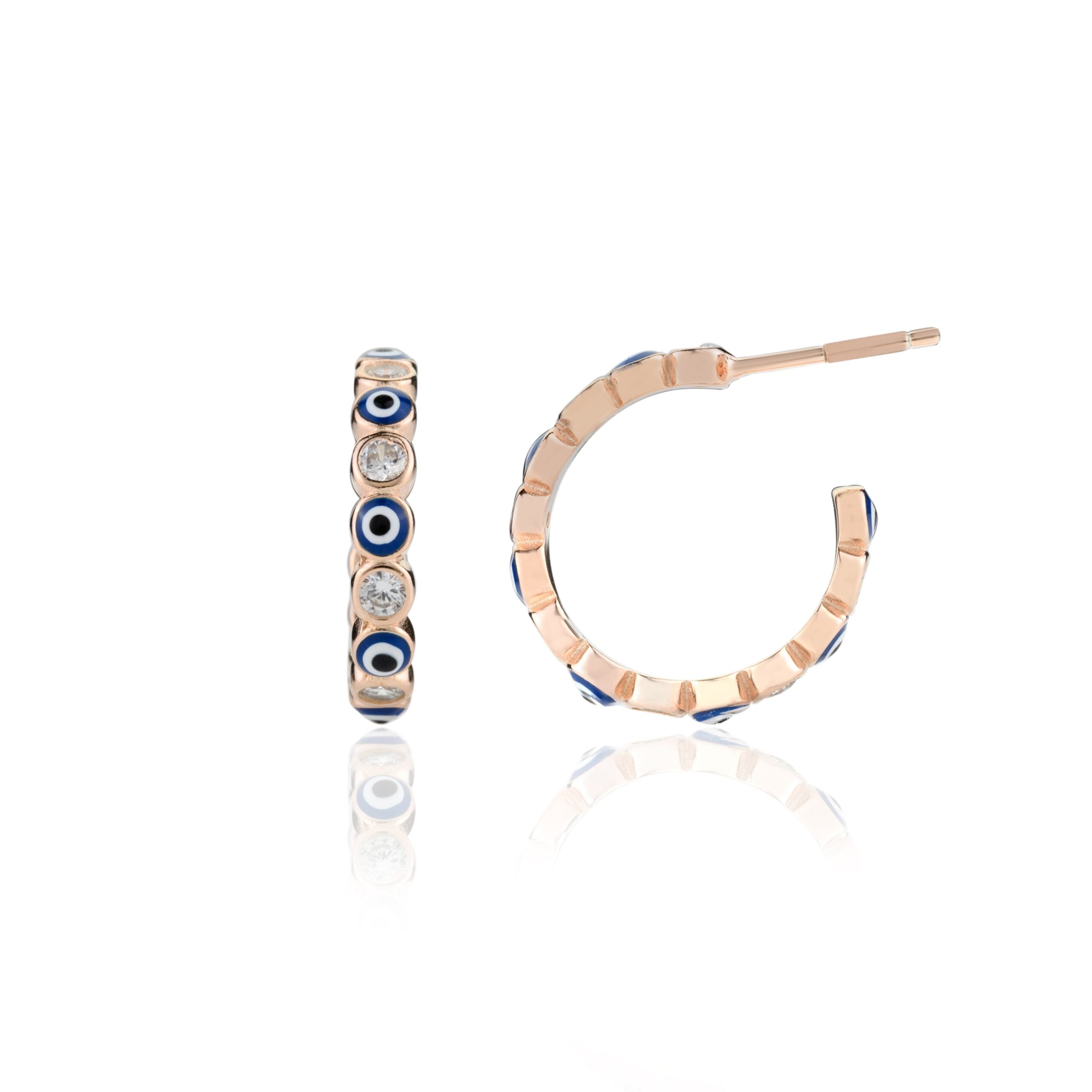 METALM Blue Evil Eye Open Hoop Studs in Rose gold Finish