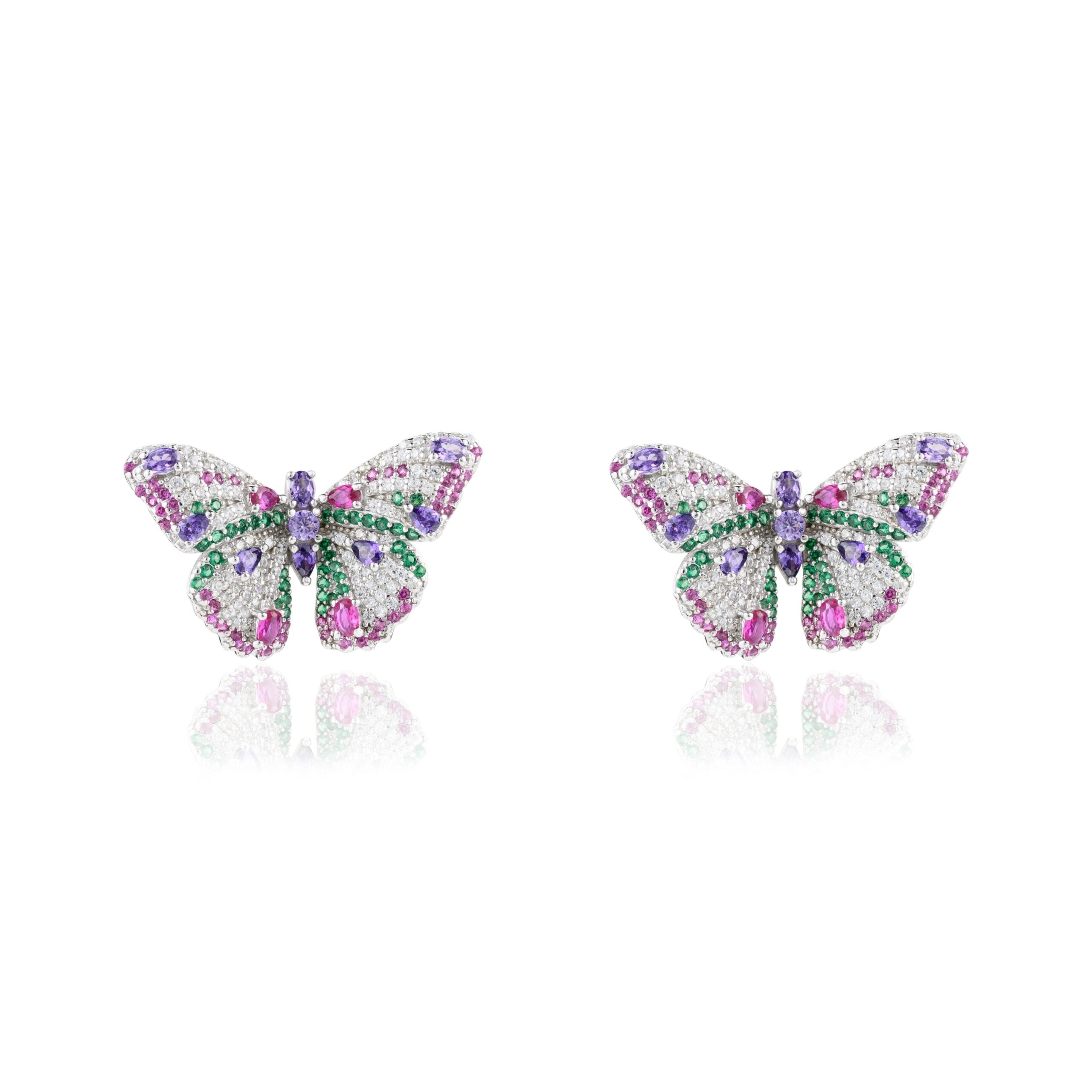 Multicolor Butterfly Statement Stud Earrings with Sparkling Cz Crystals