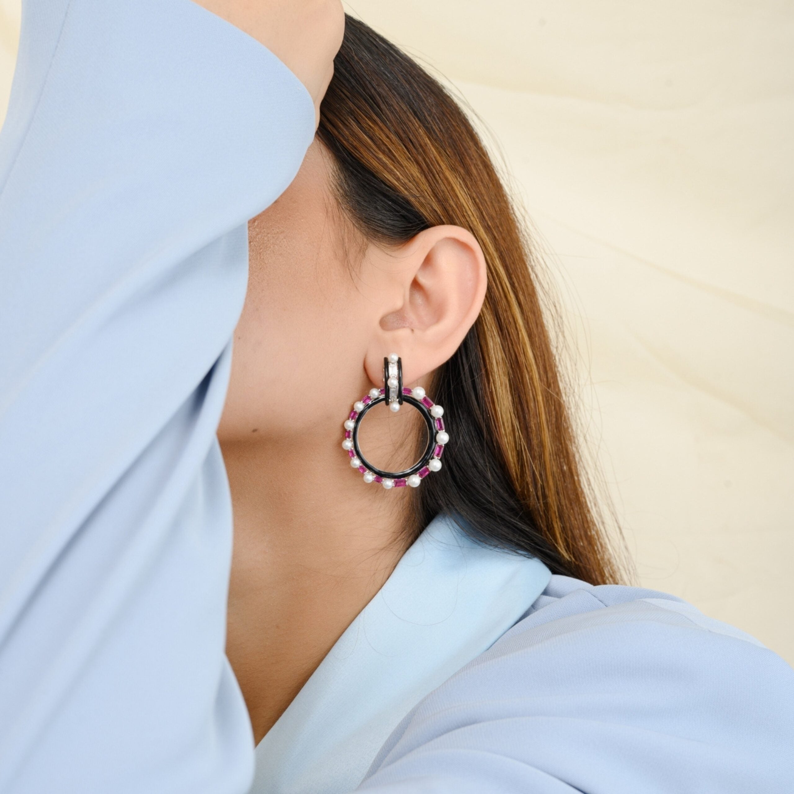 White & Pink Pearl Circle Hoop Studs with Black Enamel work