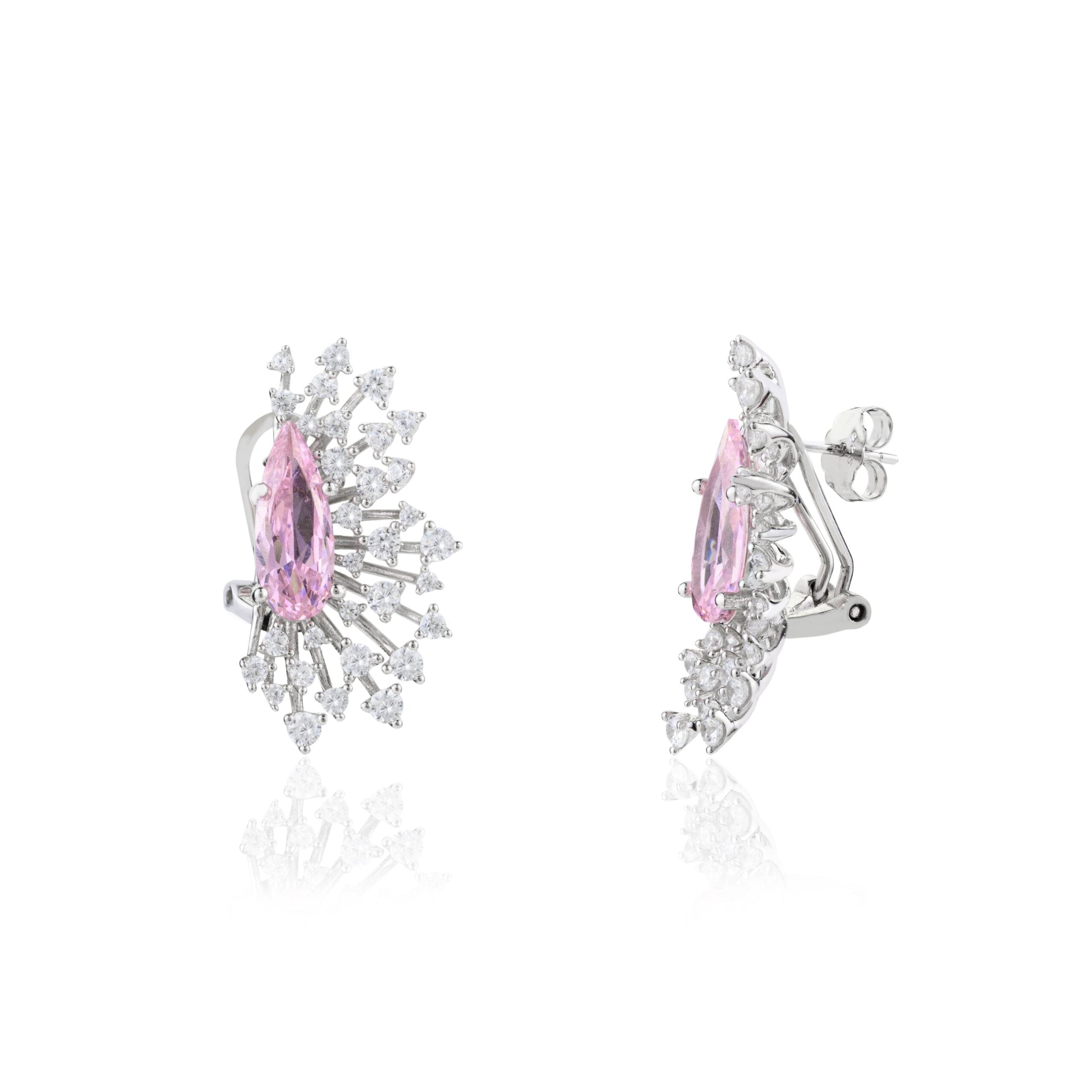 Elegant Ice Cut Spikes Pink Sapphire Diamond Floral Stud Earrings