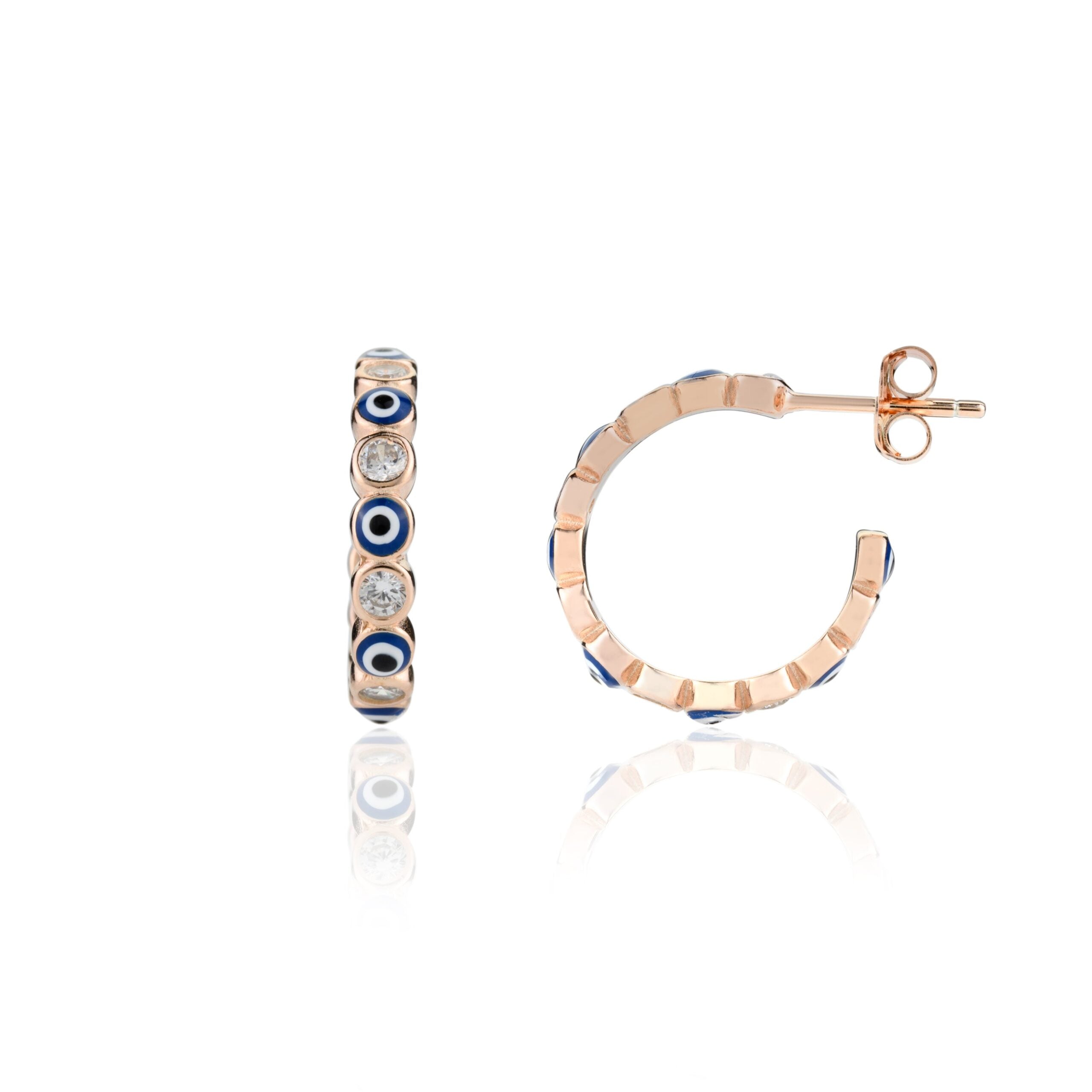 METALM Blue Evil Eye Open Hoop Studs in Rose gold Finish