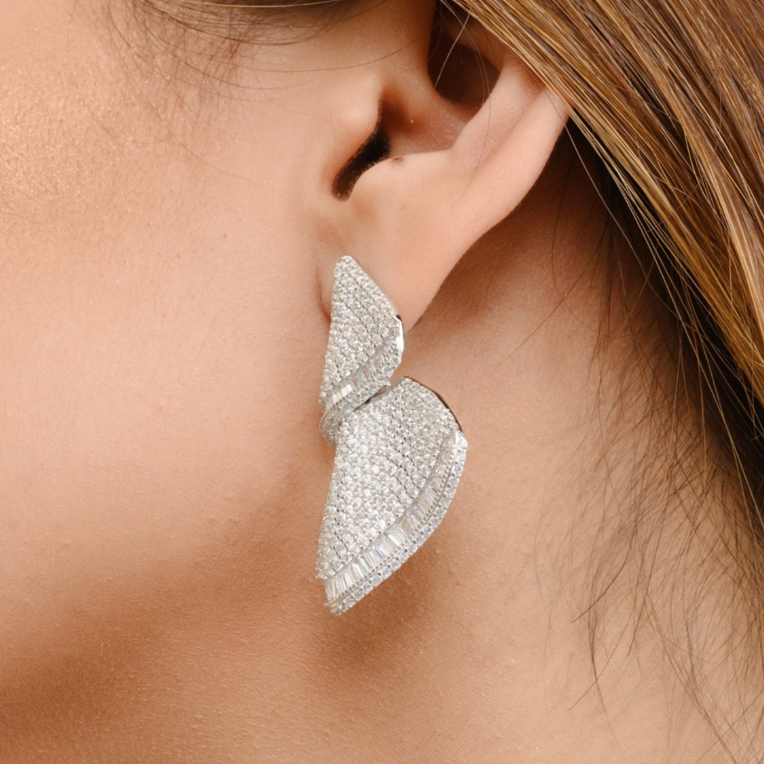 METALM Silver Leaf Drop Stud Earrings