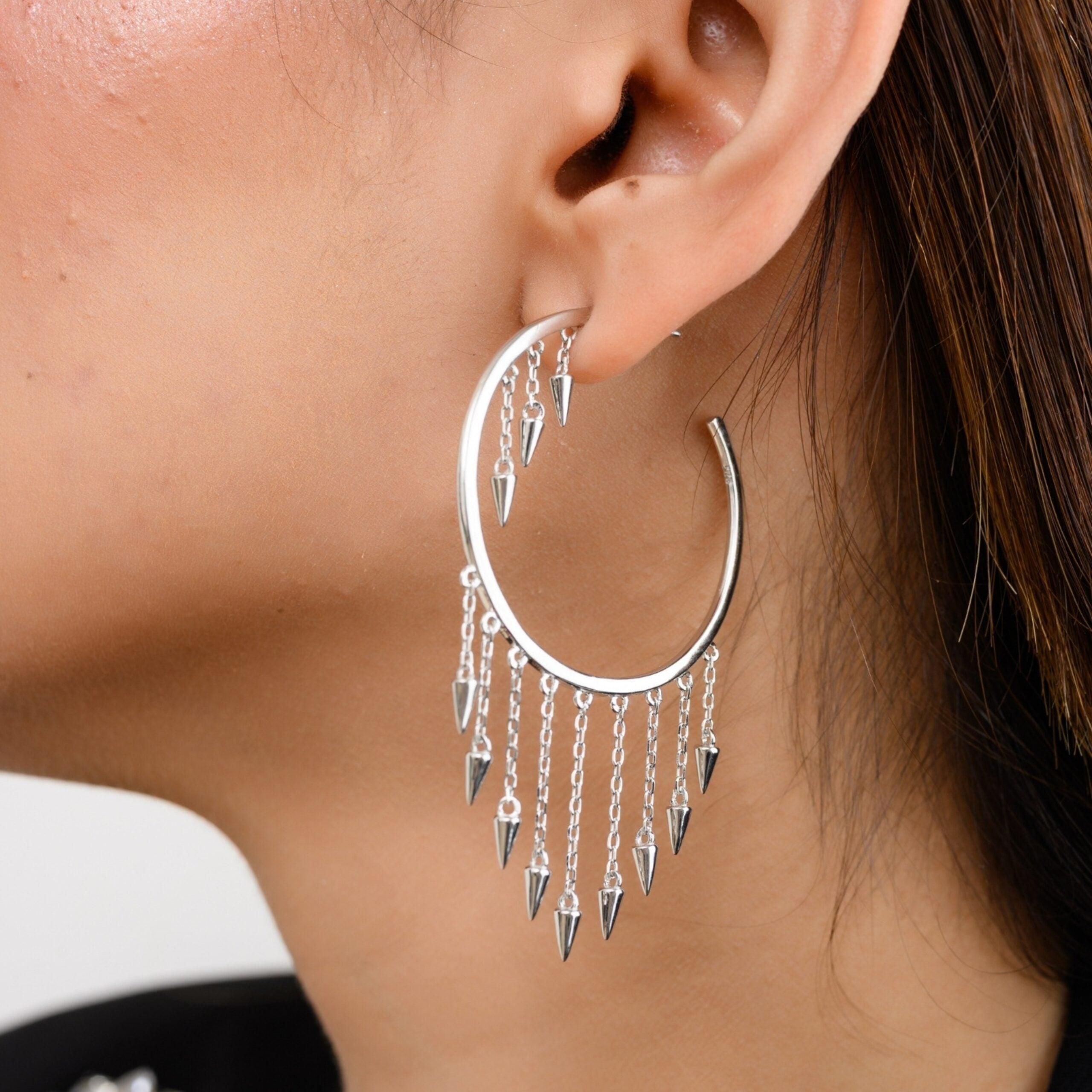 Spike Charm Open Hoops Thread Chain Fringe Earrings