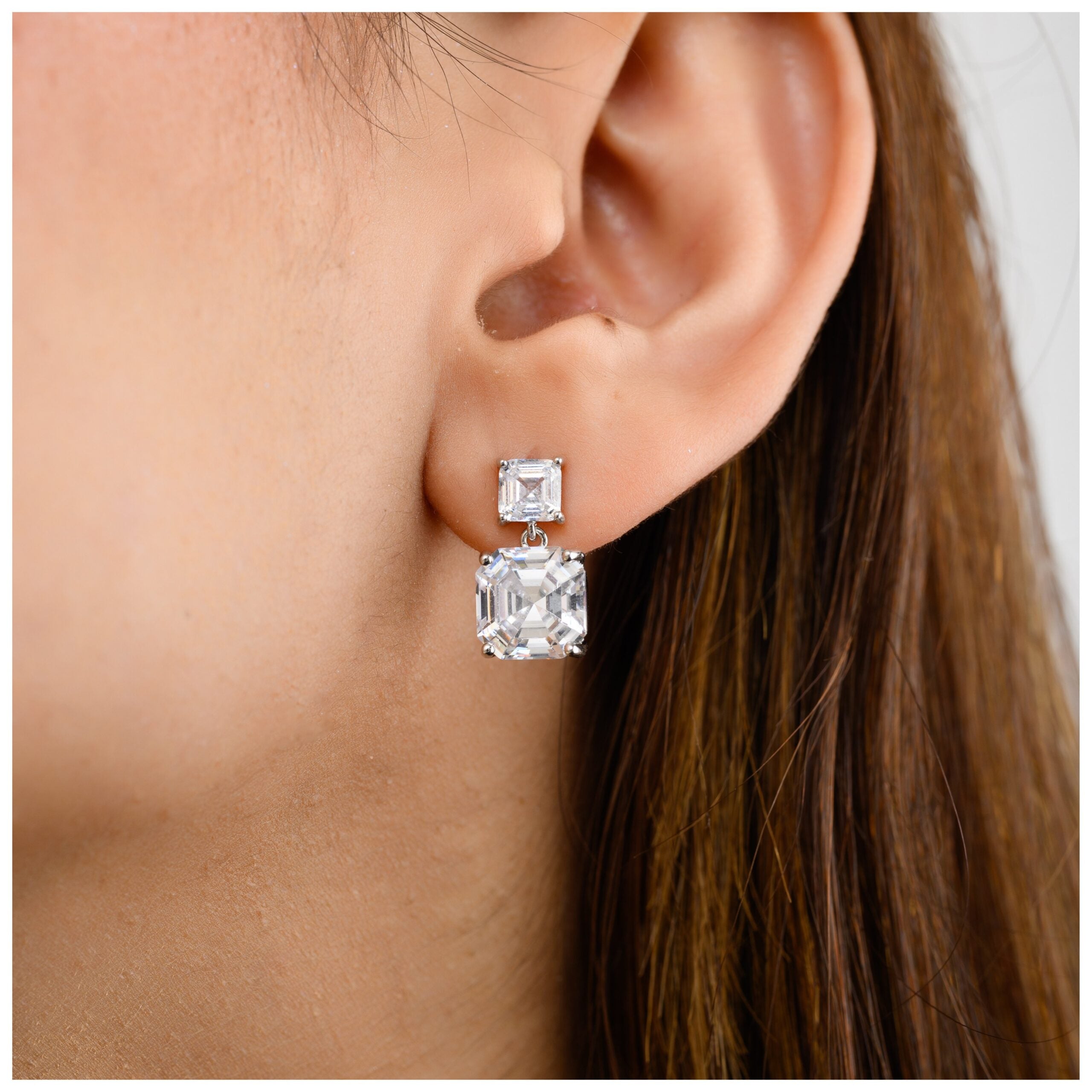 Emerald Cut White Diamond Drop Studs