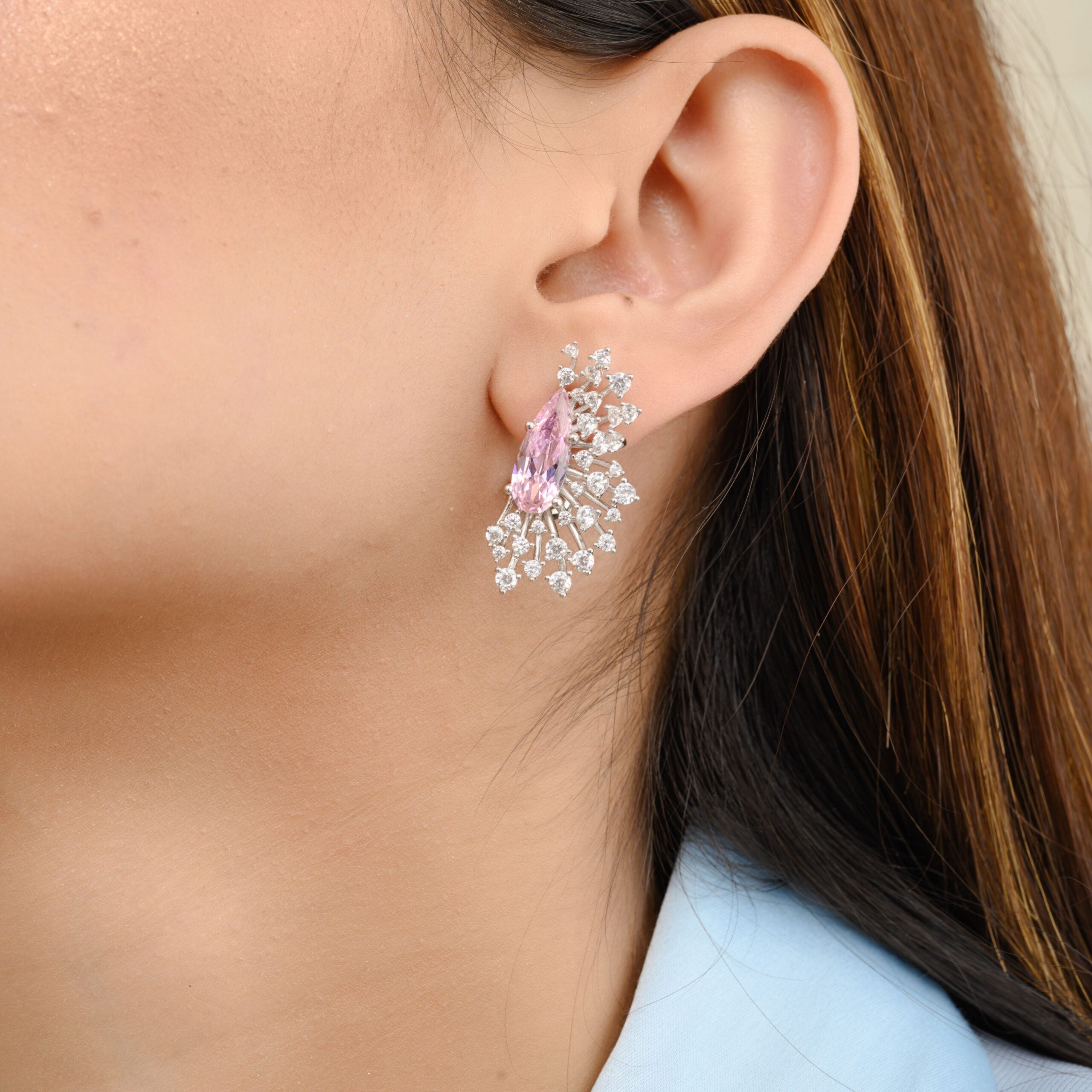 Elegant Ice Cut Spikes Pink Sapphire Diamond Floral Stud Earrings