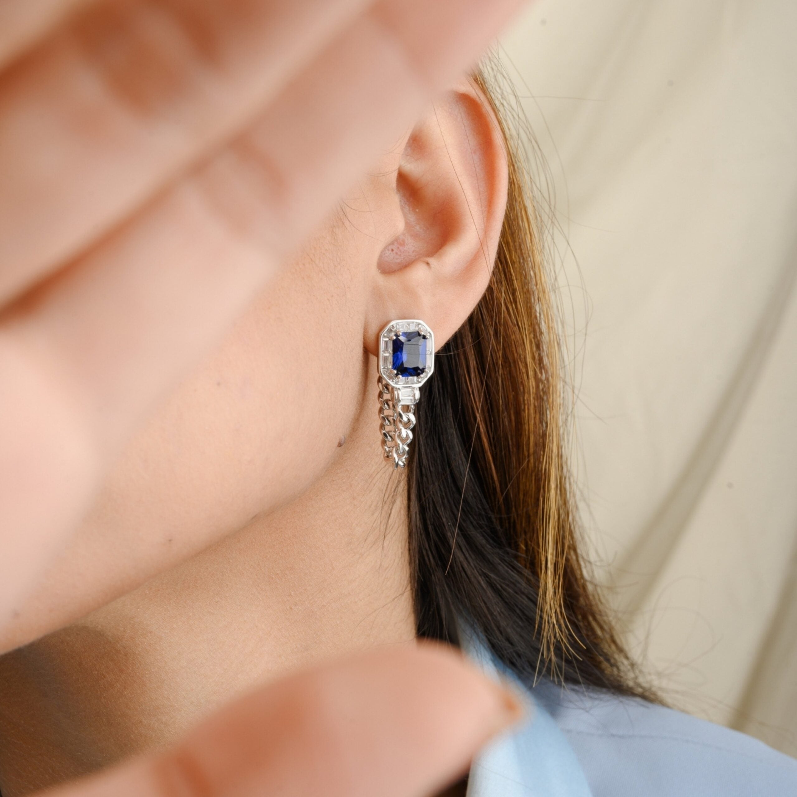 METALM Blue Sapphire Diamond Stud Earrings with Dangling Chain