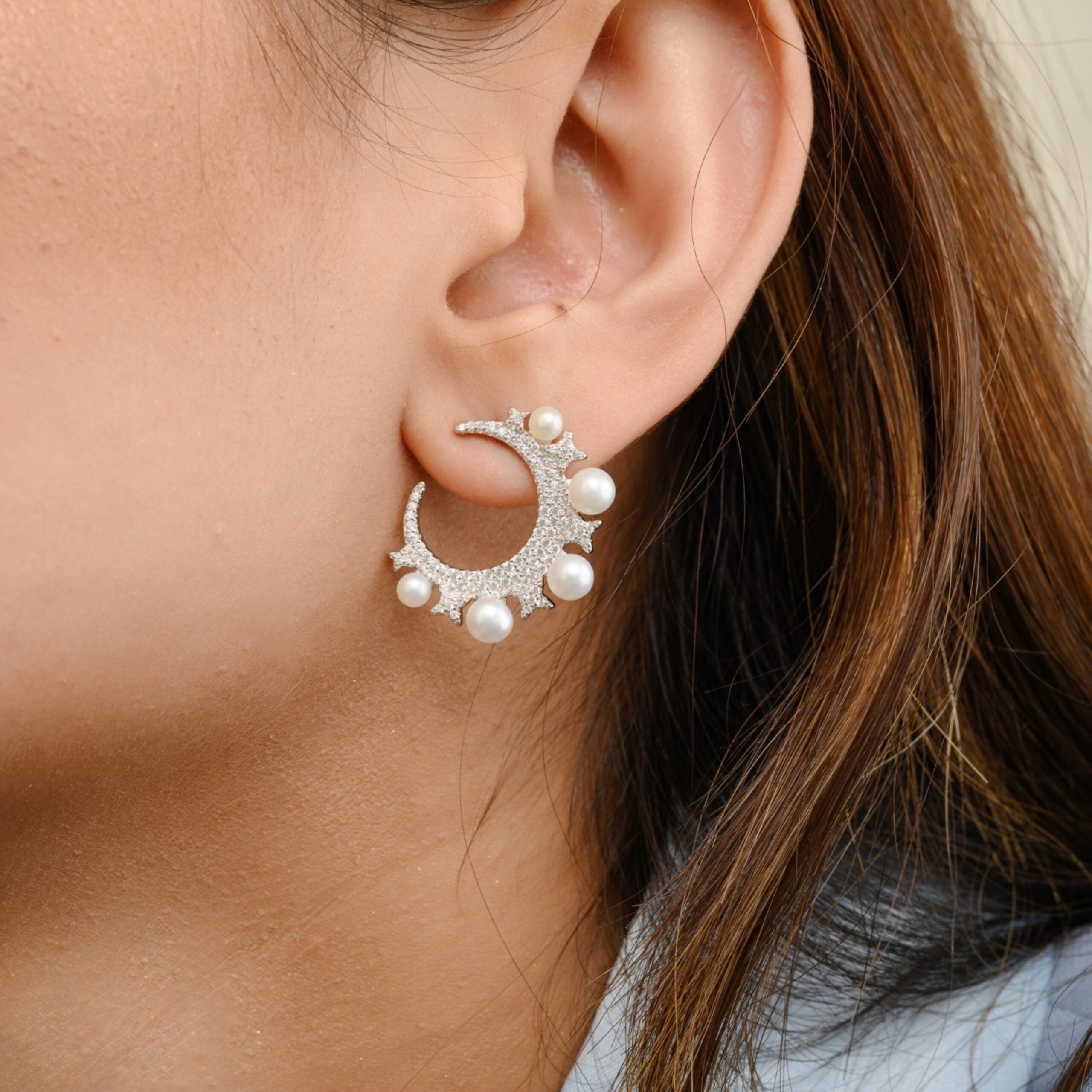 Eclipse Moon Studs Pearl Earrings