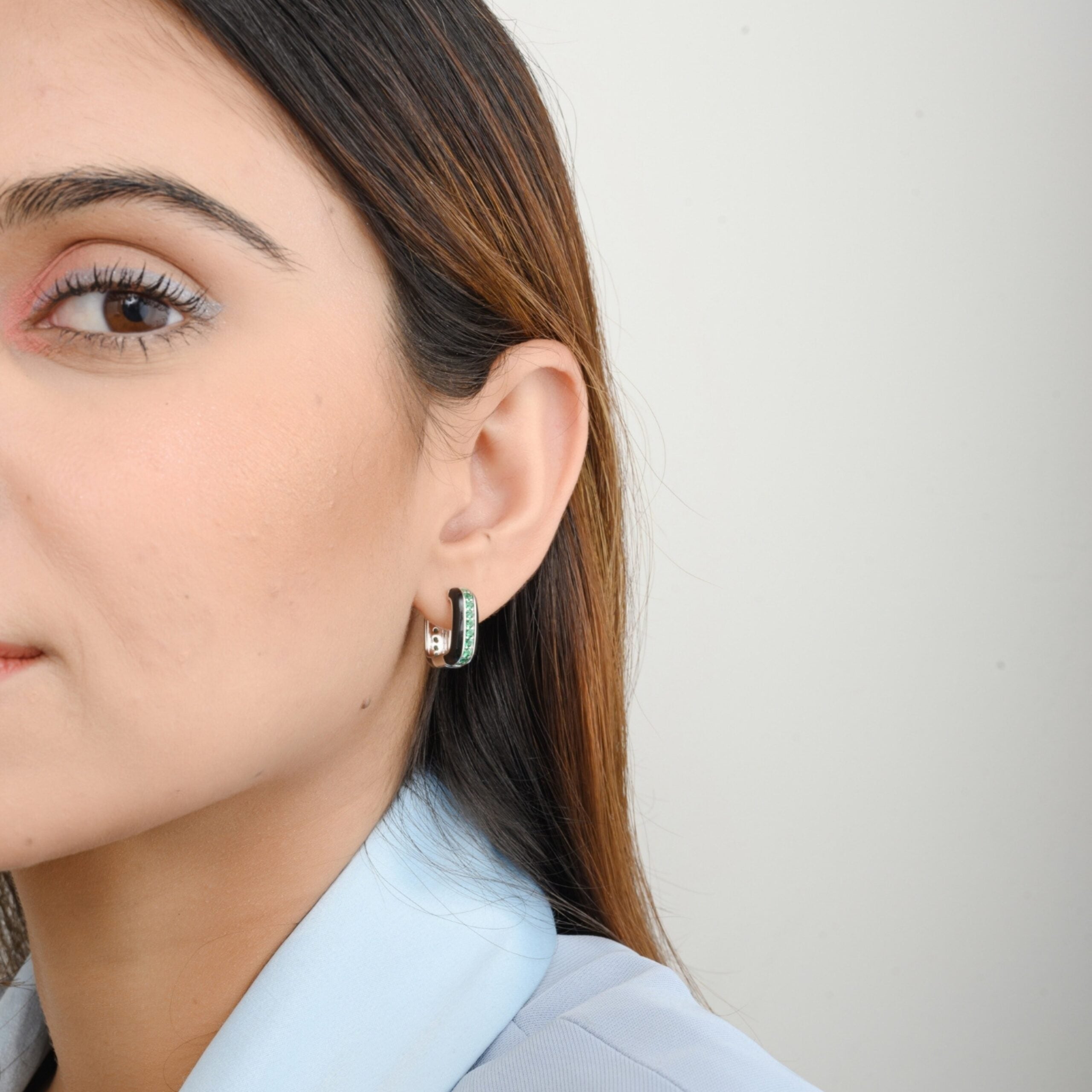 Green Emerald Square Hoops Huggie Earrings