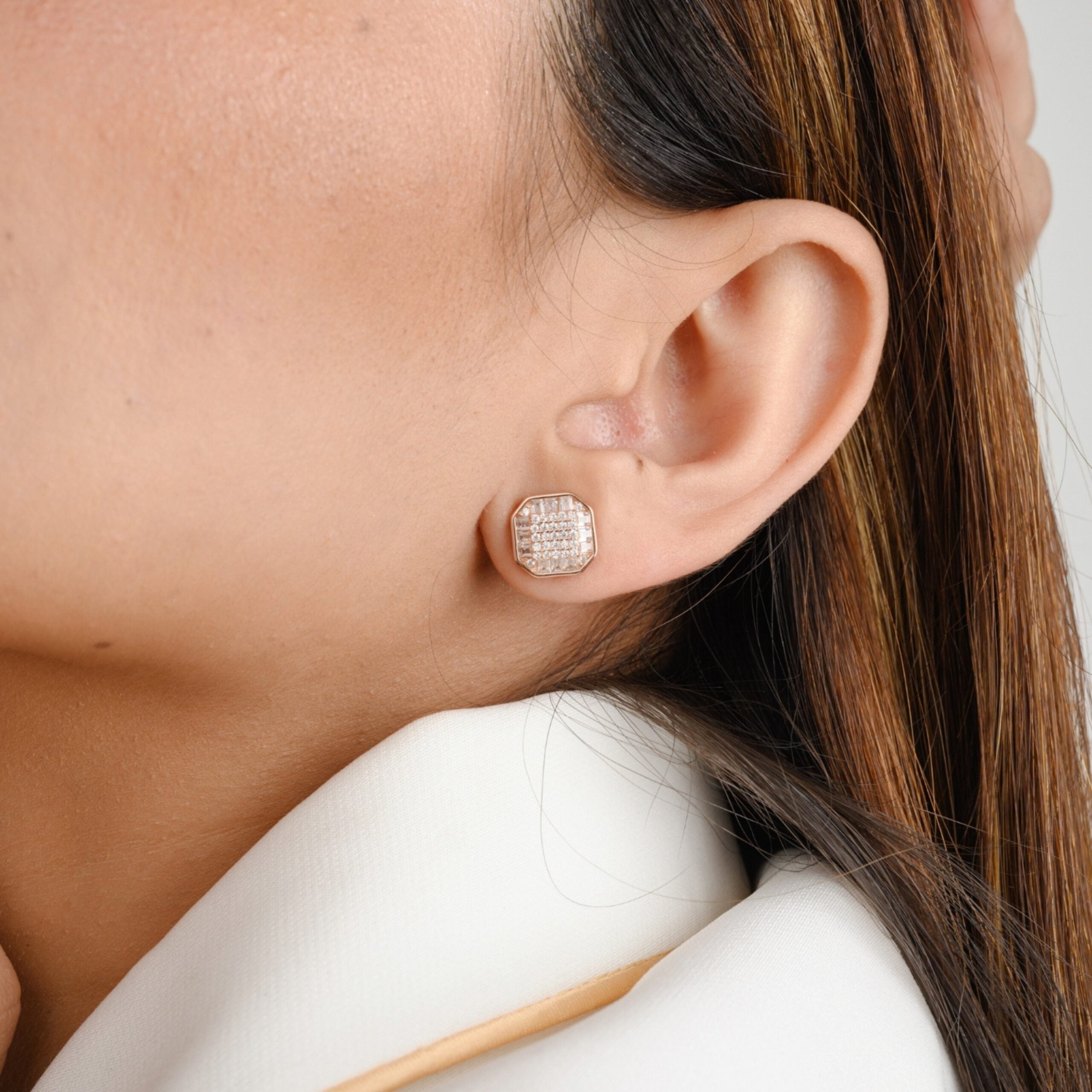 Hexagonal Shape Minimalist Studs in Rose gold finish