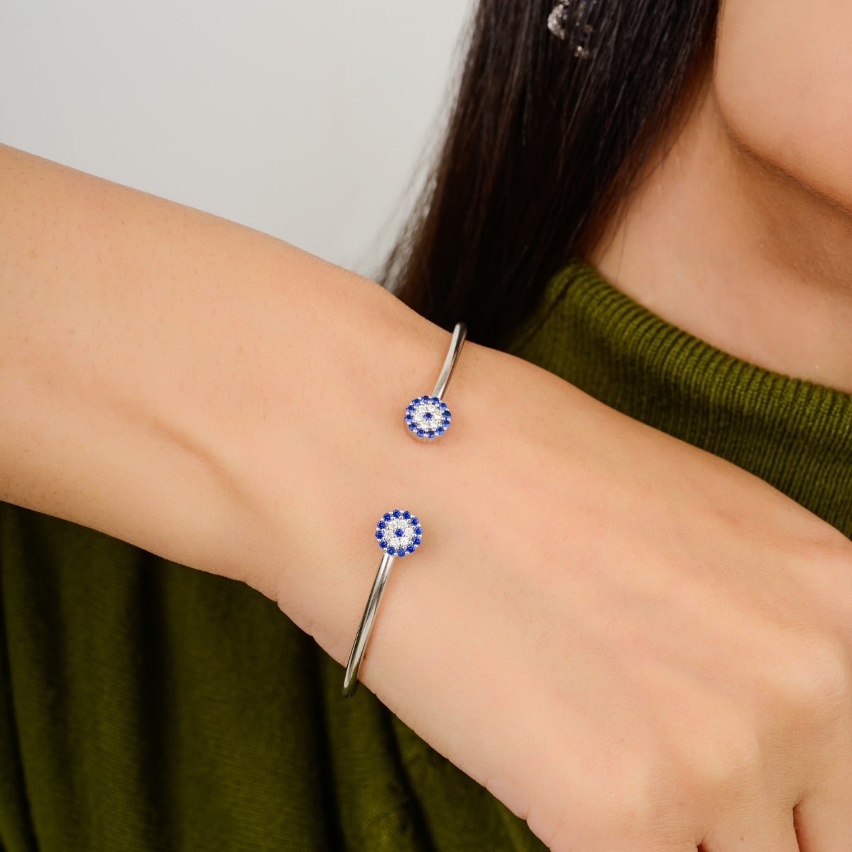 925 Silver Evil Eye Open Cuff Bangle/Bracelet for Women