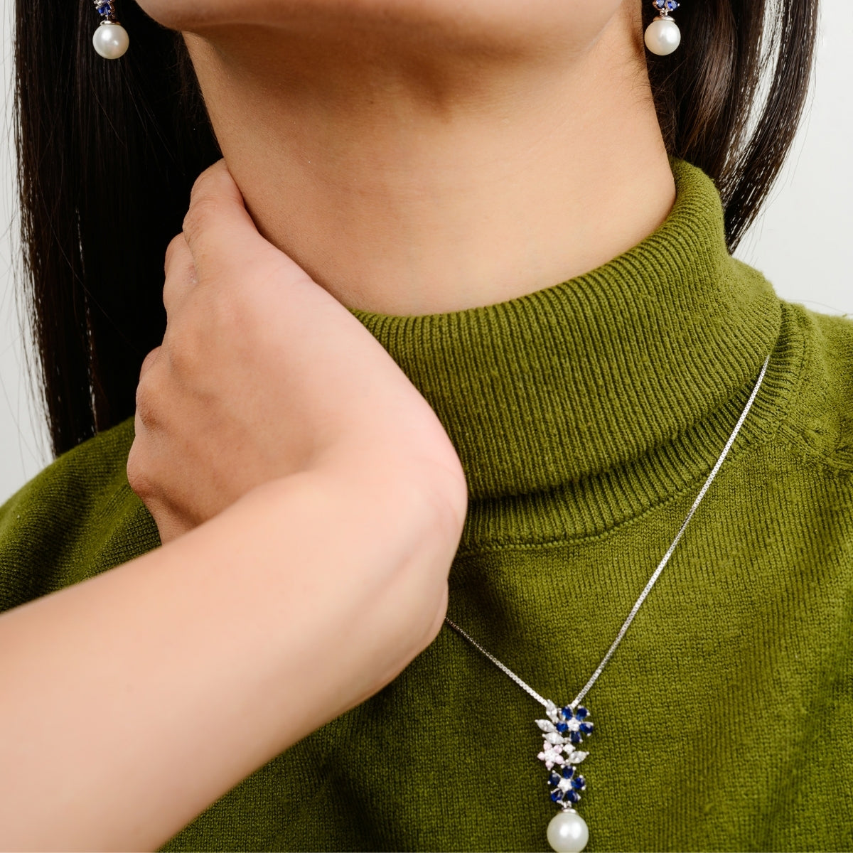 925 Silver CZ Crystals and Pearl Necklace Set with Matching Earrings