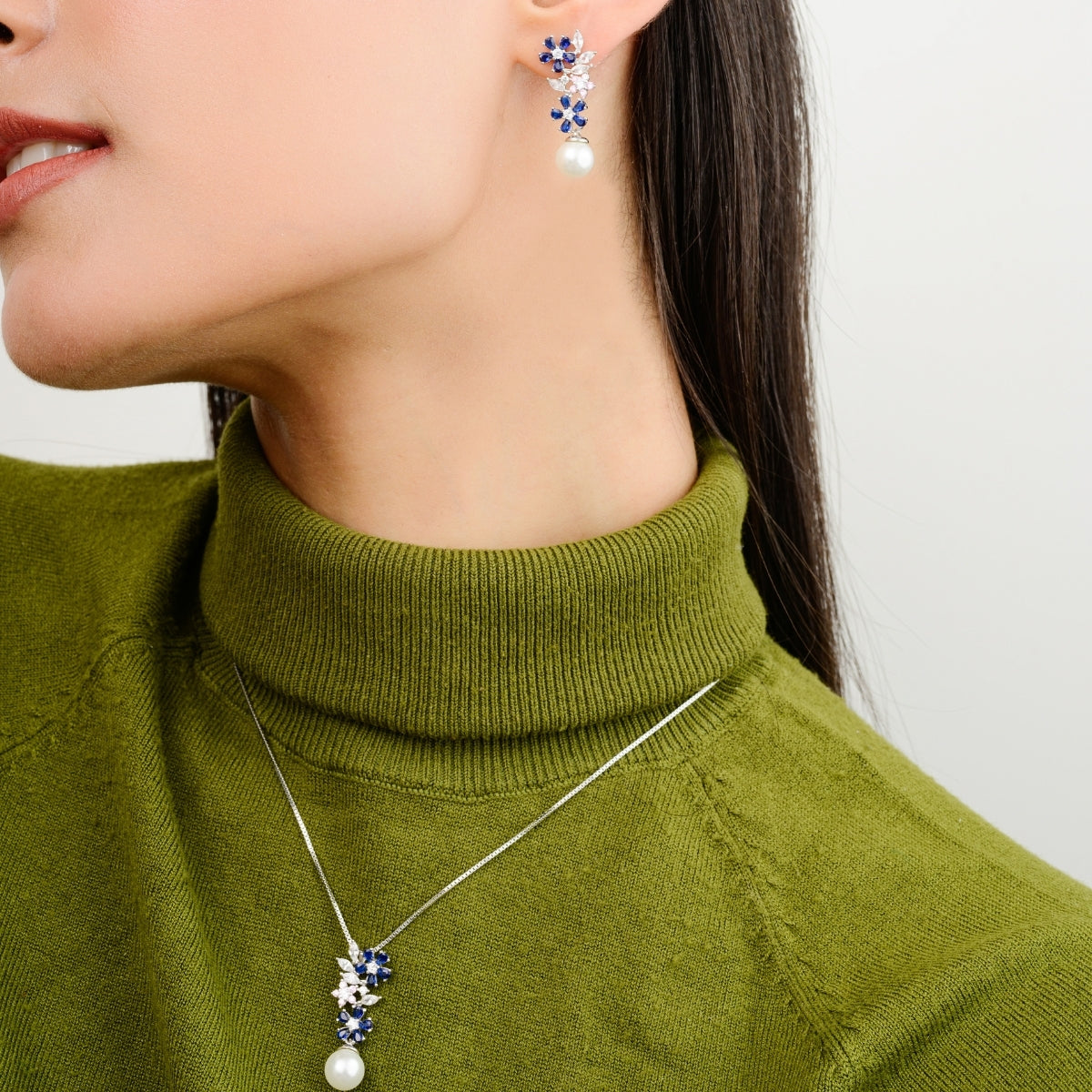 925 Silver CZ Crystals and Pearl Necklace Set with Matching Earrings