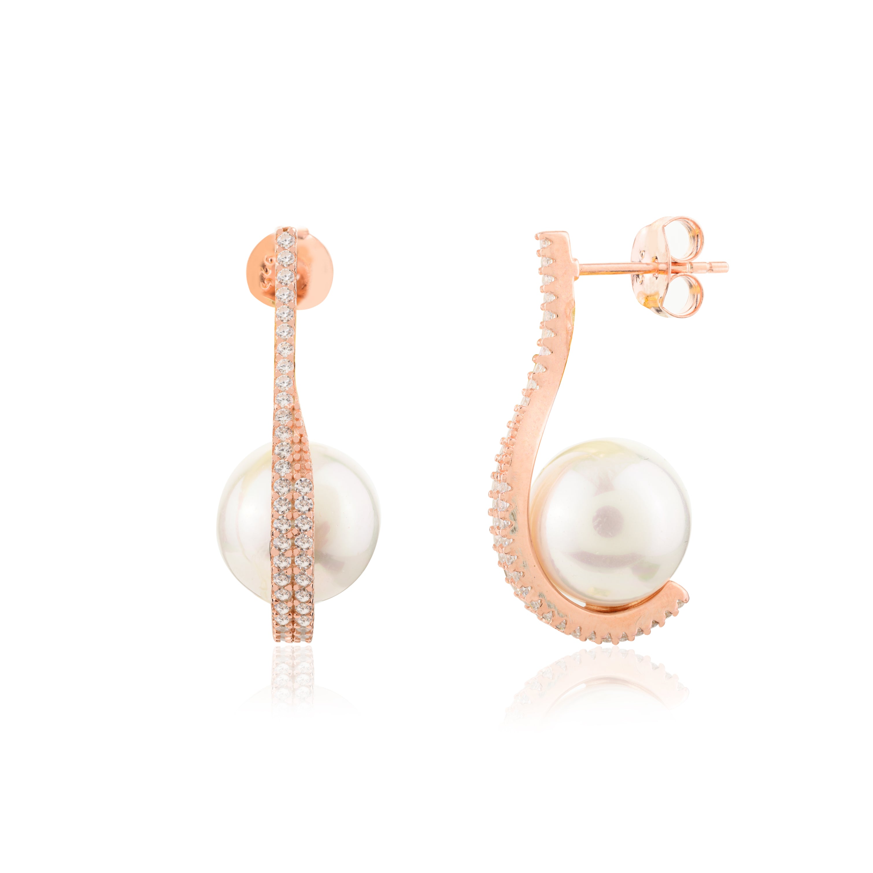 925 Silver CZ Diamond Accents Pearl Drop Earrings in Rose Gold Finish