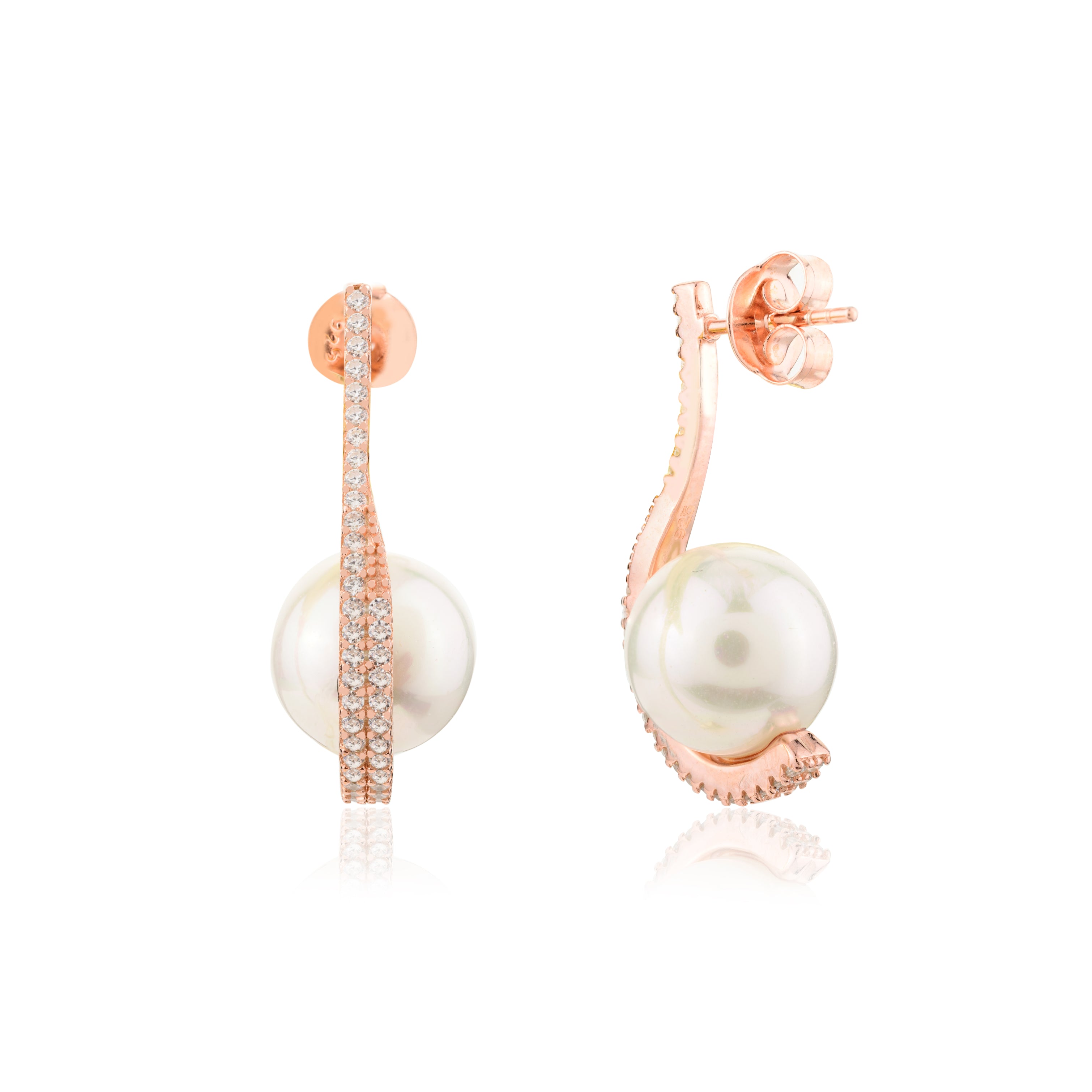 925 Silver CZ Diamond Accents Pearl Drop Earrings in Rose Gold Finish