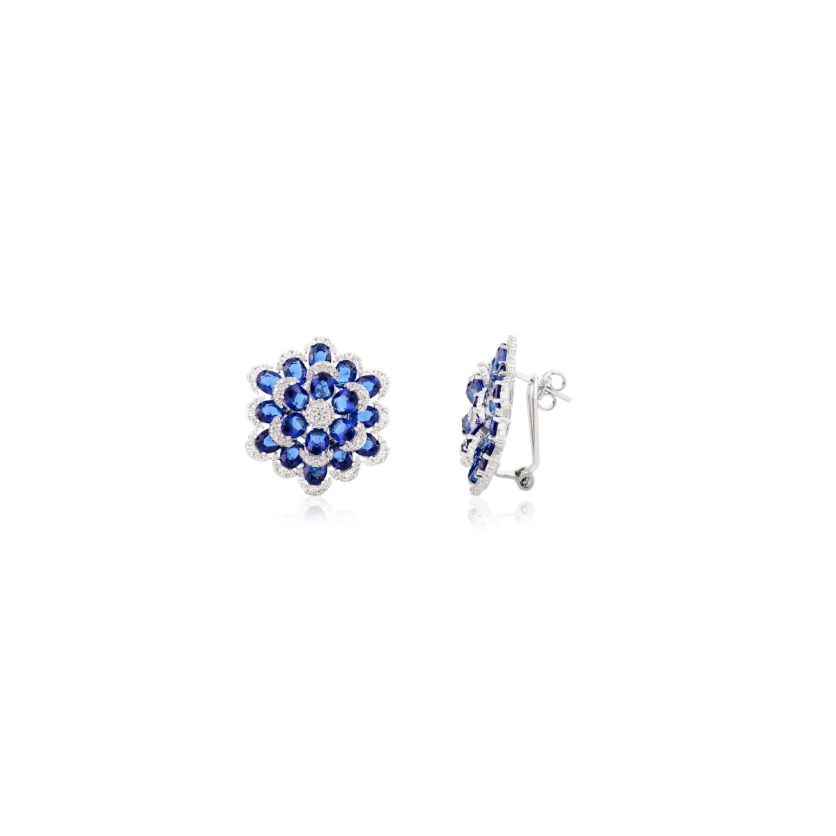 925 Silver Floral Stud Earrings with Sparkling Blue CZ Diamonds