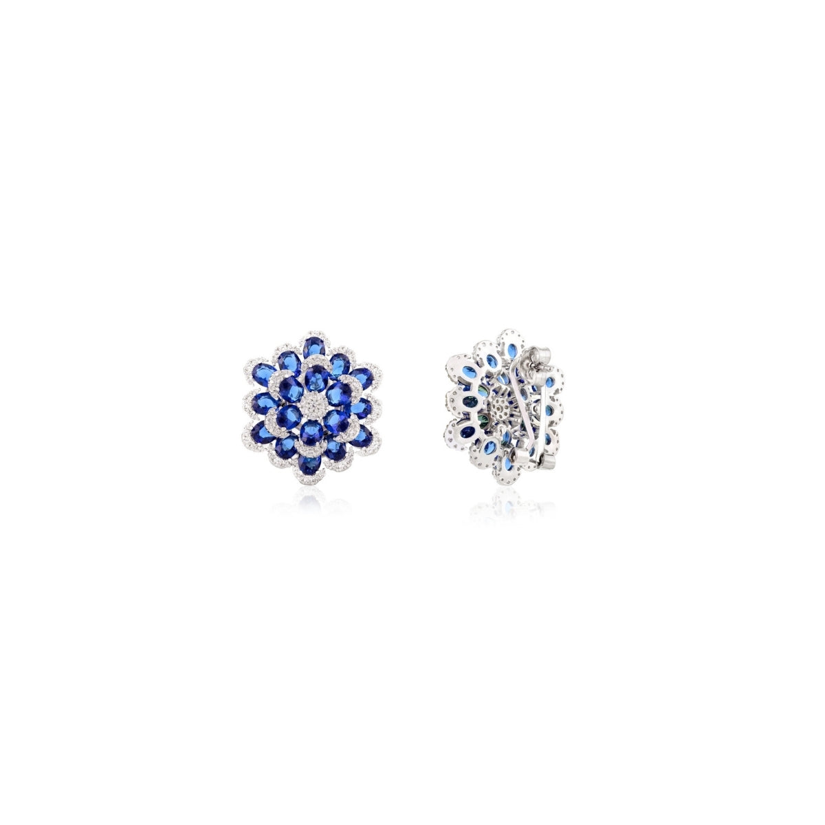 925 Silver Floral Stud Earrings with Sparkling Blue CZ Diamonds