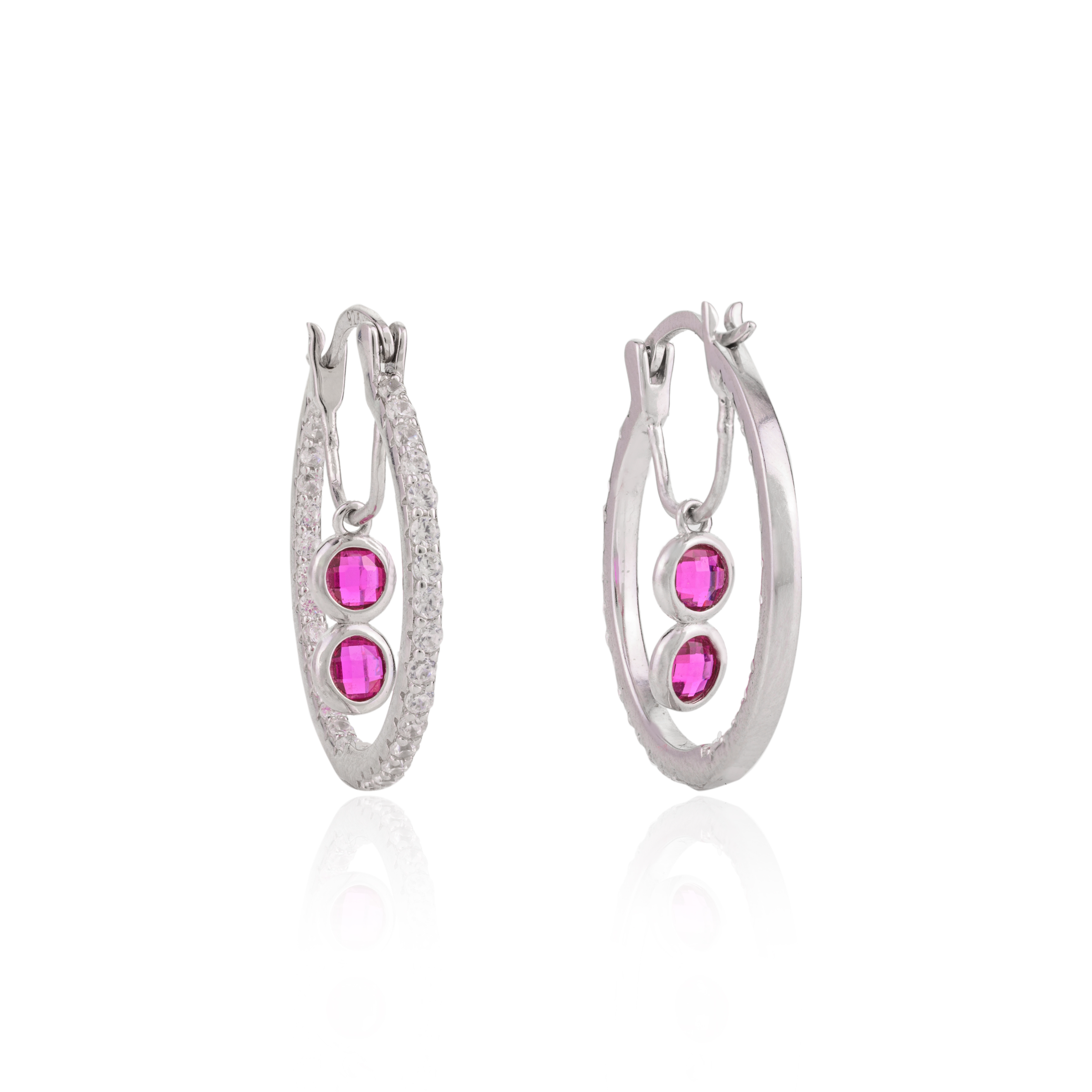 925 Silver Pink Cz Diamond Drop Bali Hoop Earrings