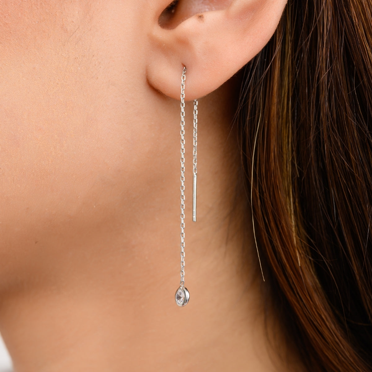 925 Silver Threader Earrings with CZ Drops