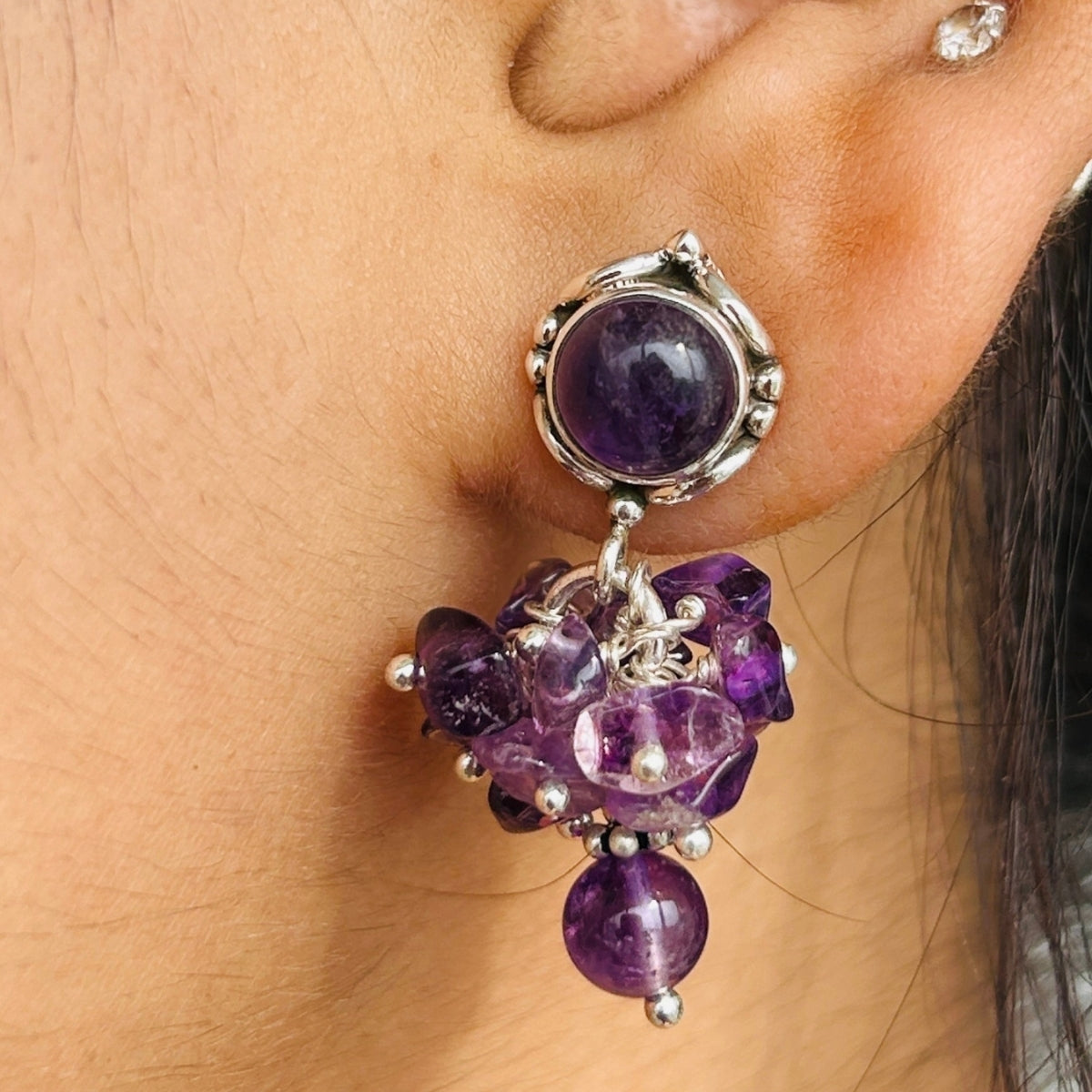 Amethyst Snowflake CZ Beads Silver Stud Earrings