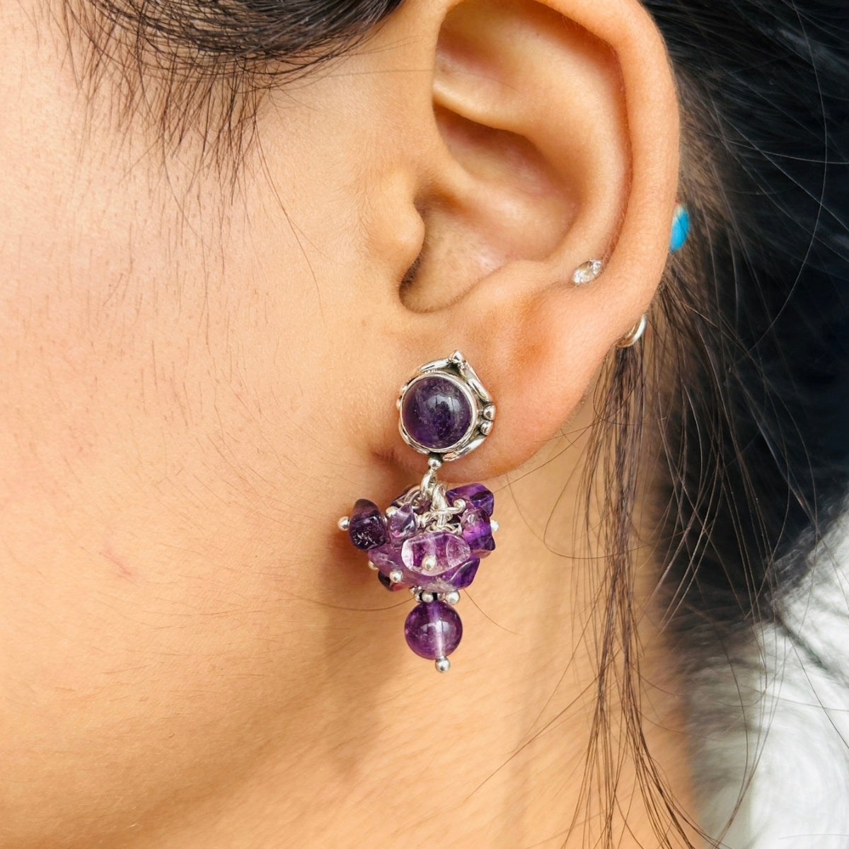 Amethyst Snowflake CZ Beads Silver Stud Earrings