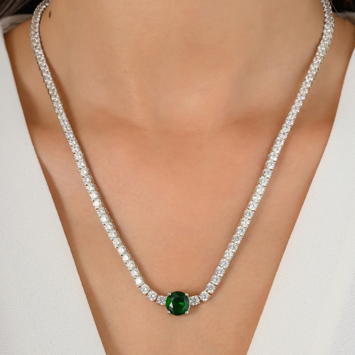 925 Silver Emerald Cz Diamond Necklace for Women