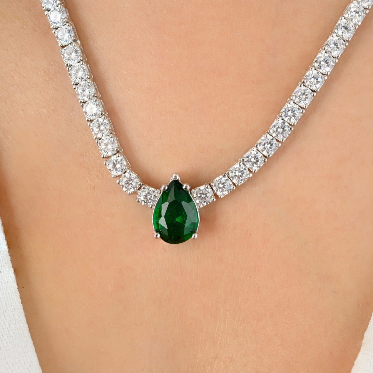 Green Emerald CZ Diamond Drop Necklace for Women