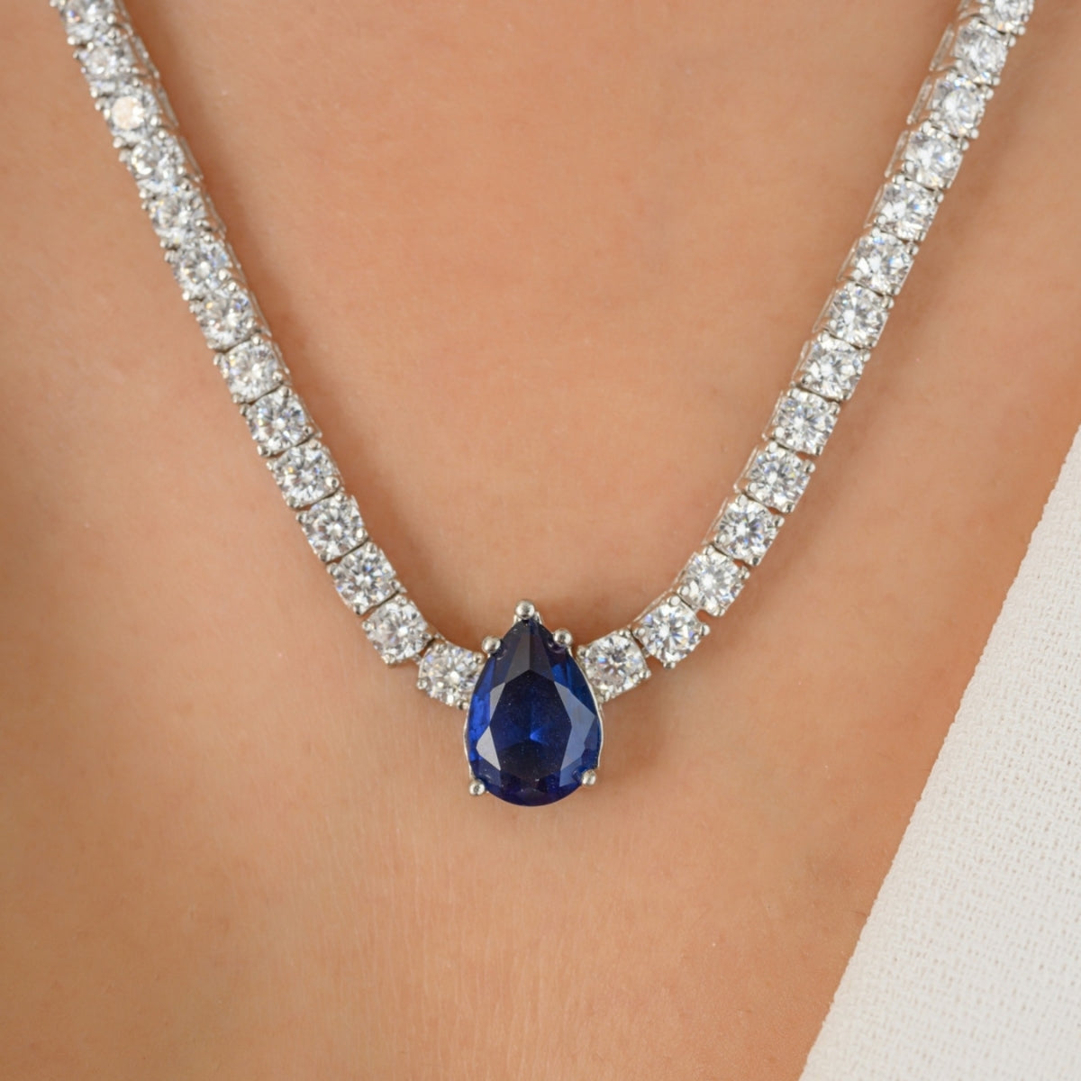 925 Silver Pear Cut Blue Diamond Drop Necklace