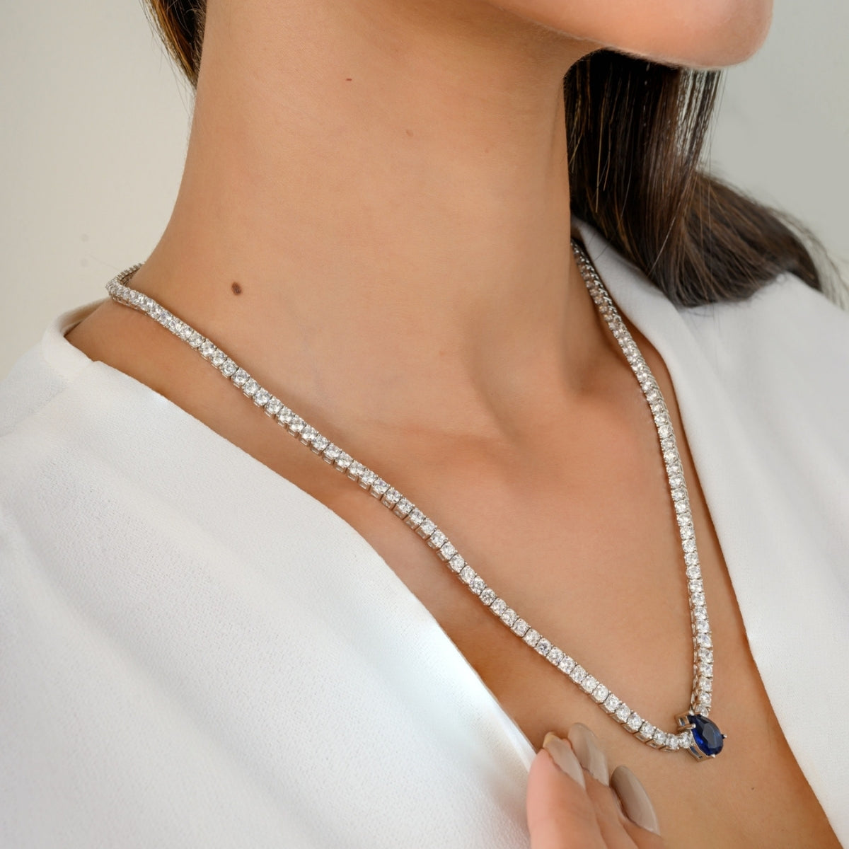 925 Silver Pear Cut Blue Diamond Drop Necklace