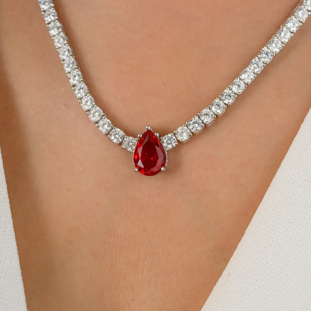 Red Solitaire Cz Diamond Necklace for Women
