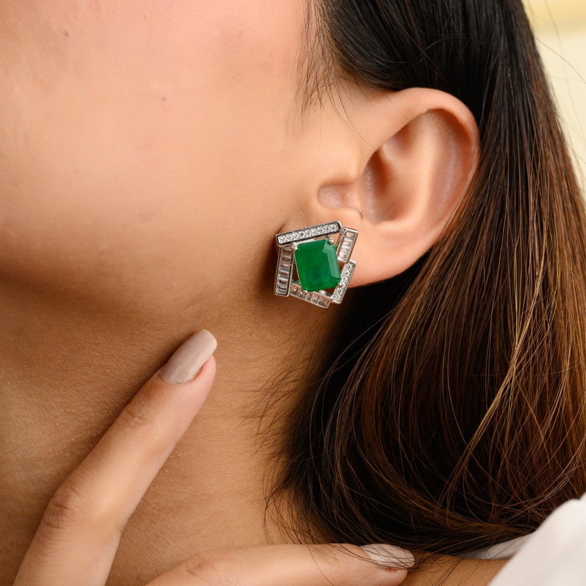 Green Emerald Diamond Studs with Cz Baguette Gemstones