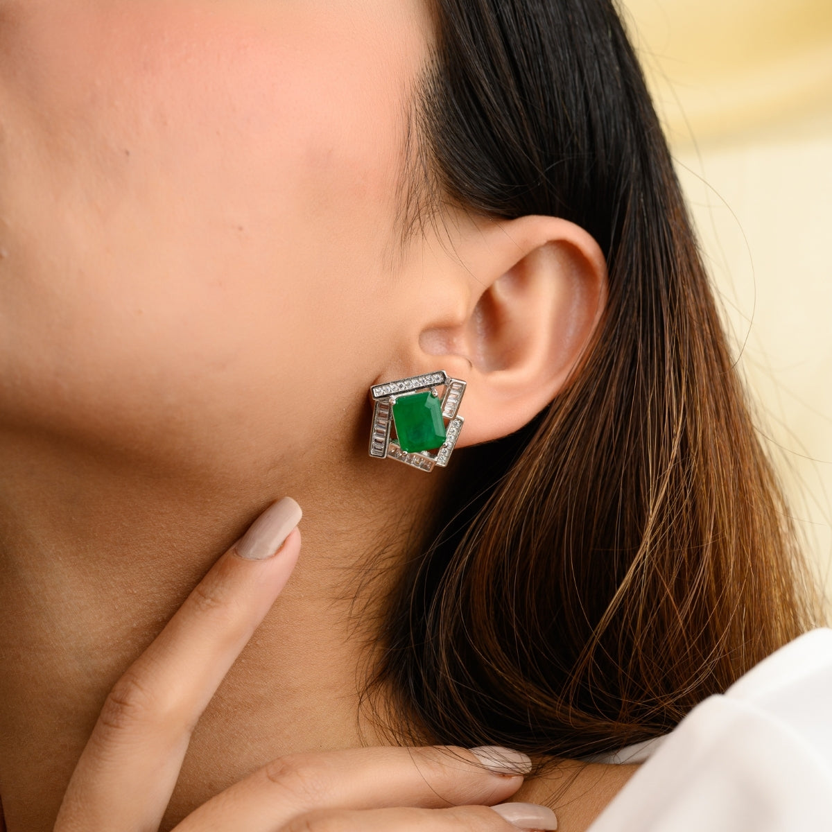 Green Emerald Diamond Studs with Cz Baguette Gemstones